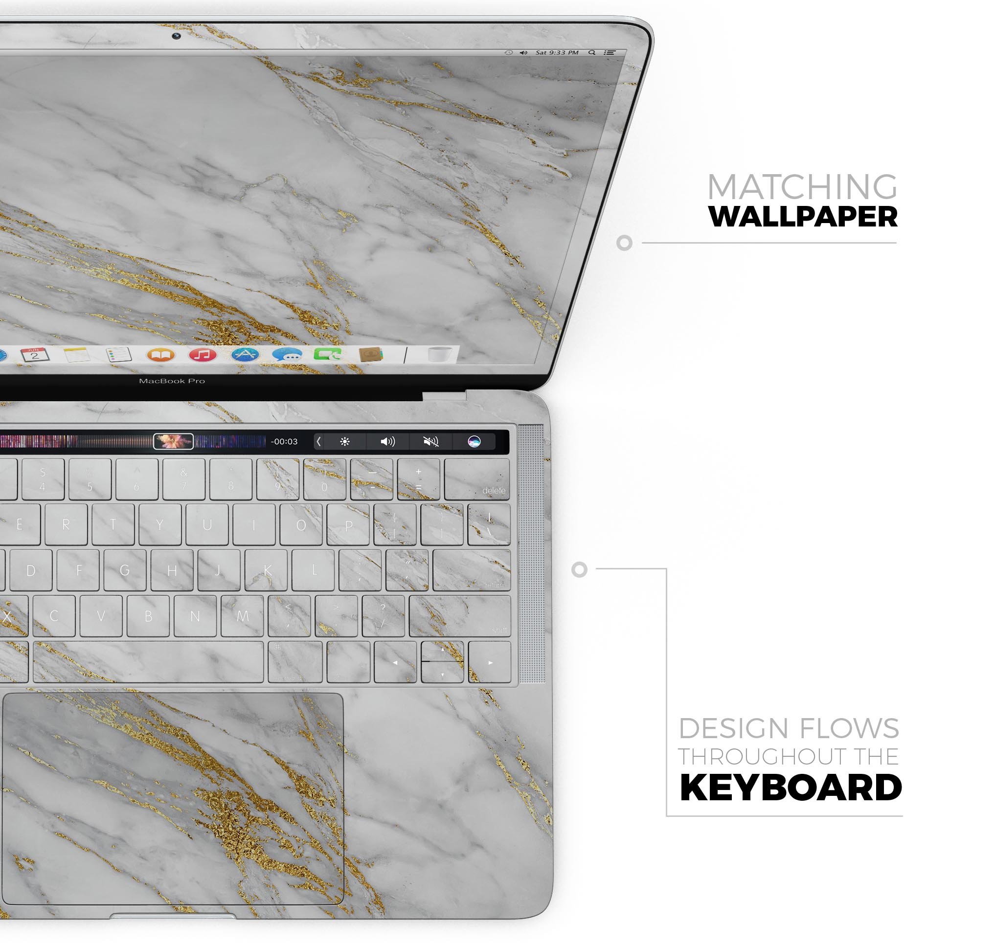 Marble and Digital Gold Foil V4 skin decal wrap kit for MacBook, showcasing a stylish design with a glossy finish.