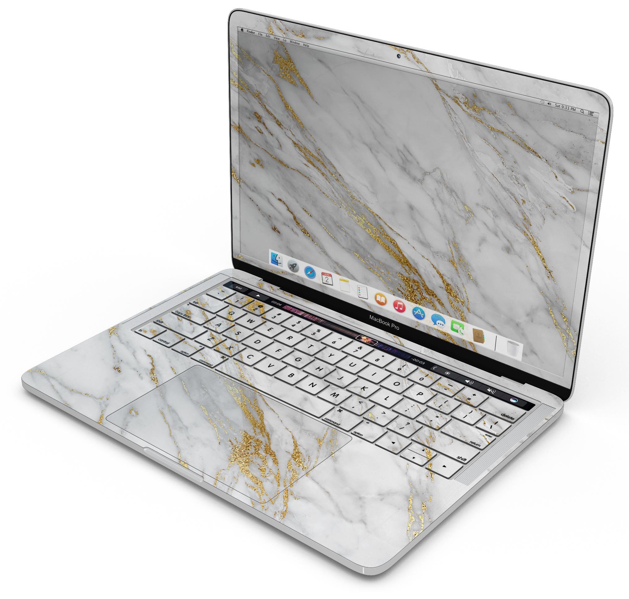 Marble and Digital Gold Foil V4 skin decal wrap kit for MacBook, showcasing a stylish design with a glossy finish.