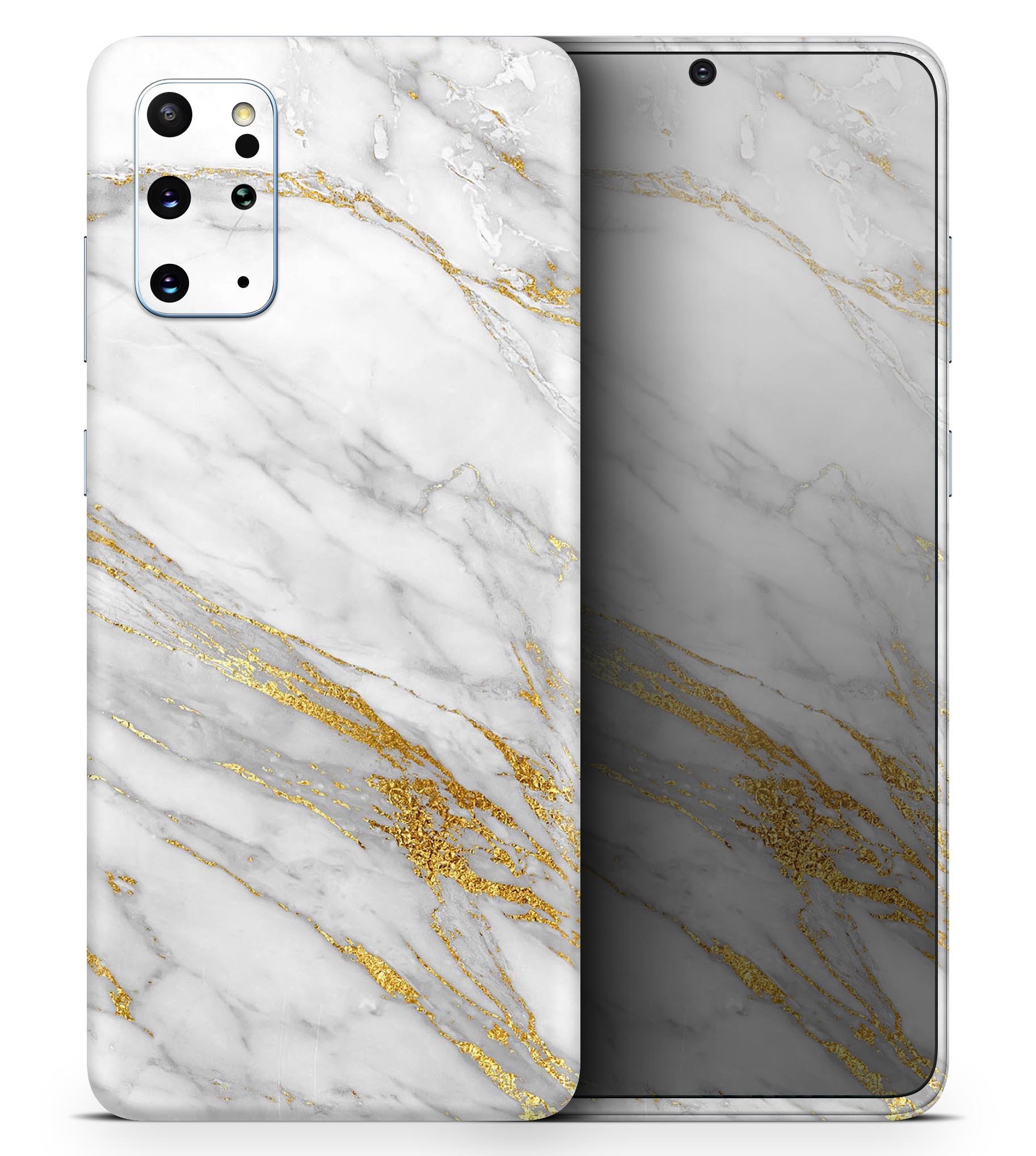 Marble and Digital Gold Foil skin for Samsung Galaxy S20, showcasing a stylish design with a glossy finish.