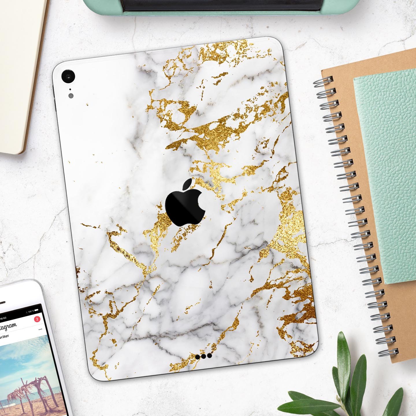 Marble and digital gold foil skin decal for Apple devices, showcasing a stylish design with premium 3M materials.