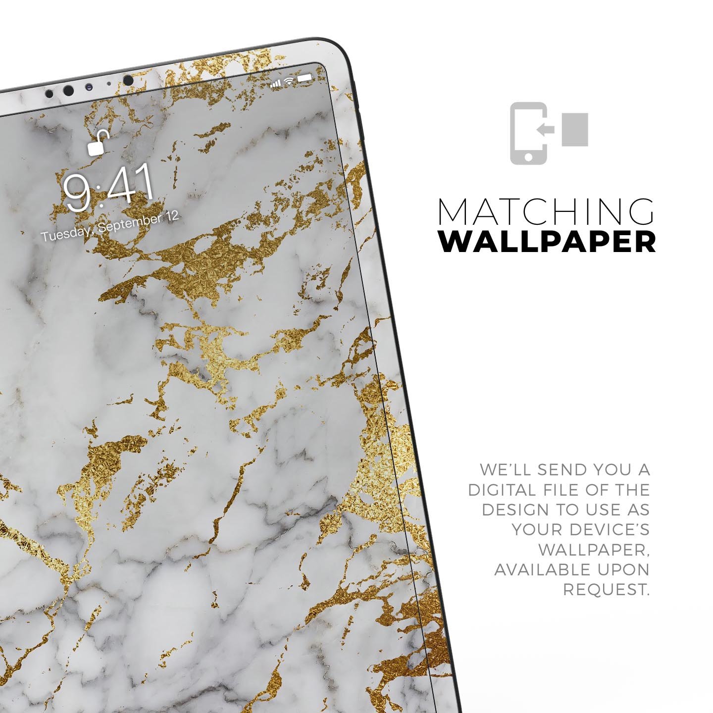 Marble and digital gold foil skin decal for Apple devices, showcasing a stylish design with premium 3M materials.