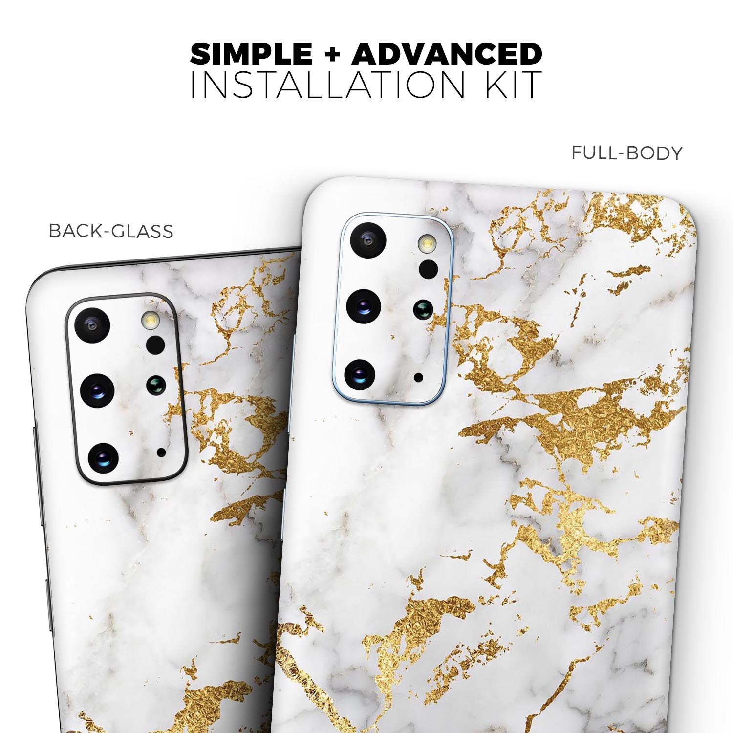 Marble and Digital Gold Foil V5 Skin-Kit for Samsung Galaxy S20, showcasing a stylish design with a premium finish.