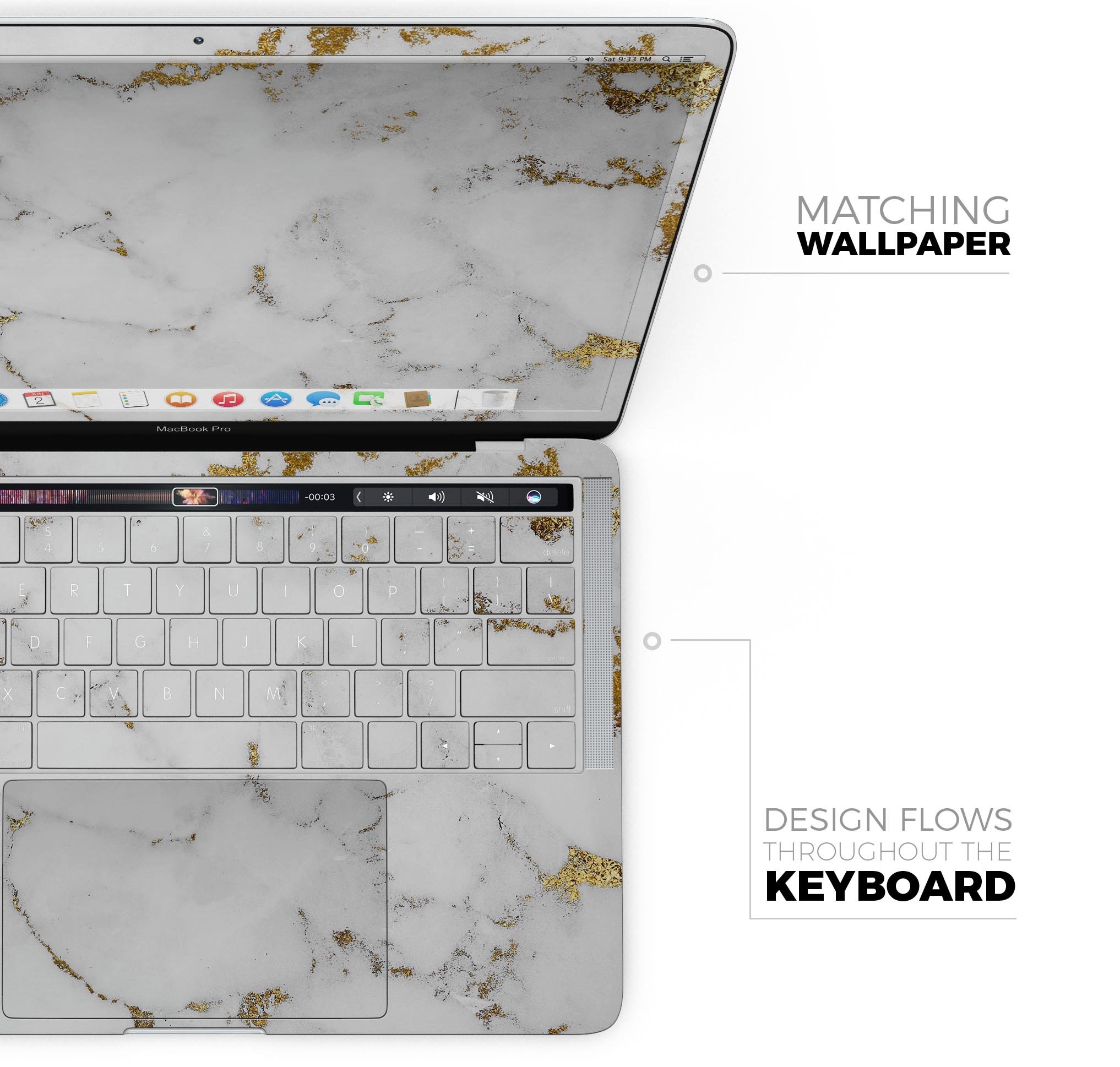 Marble and Digital Gold Foil V6 skin decal wrap kit for MacBook, showcasing a stylish design with a premium vinyl finish.