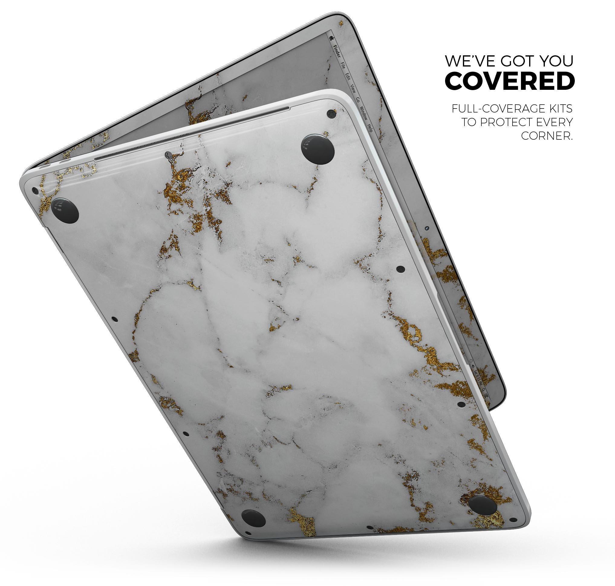 Marble and Digital Gold Foil V6 skin decal wrap kit for MacBook, showcasing a stylish design with a premium vinyl finish.