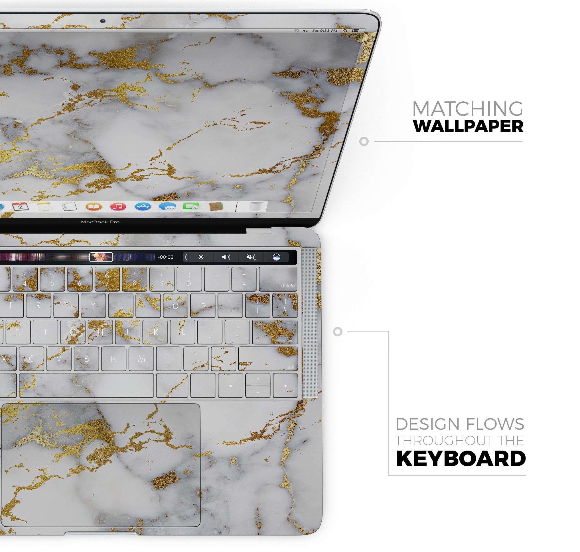 Marble and Digital Gold Foil V7 skin decal wrap kit for Apple MacBook, showcasing a stylish design with premium vinyl material.