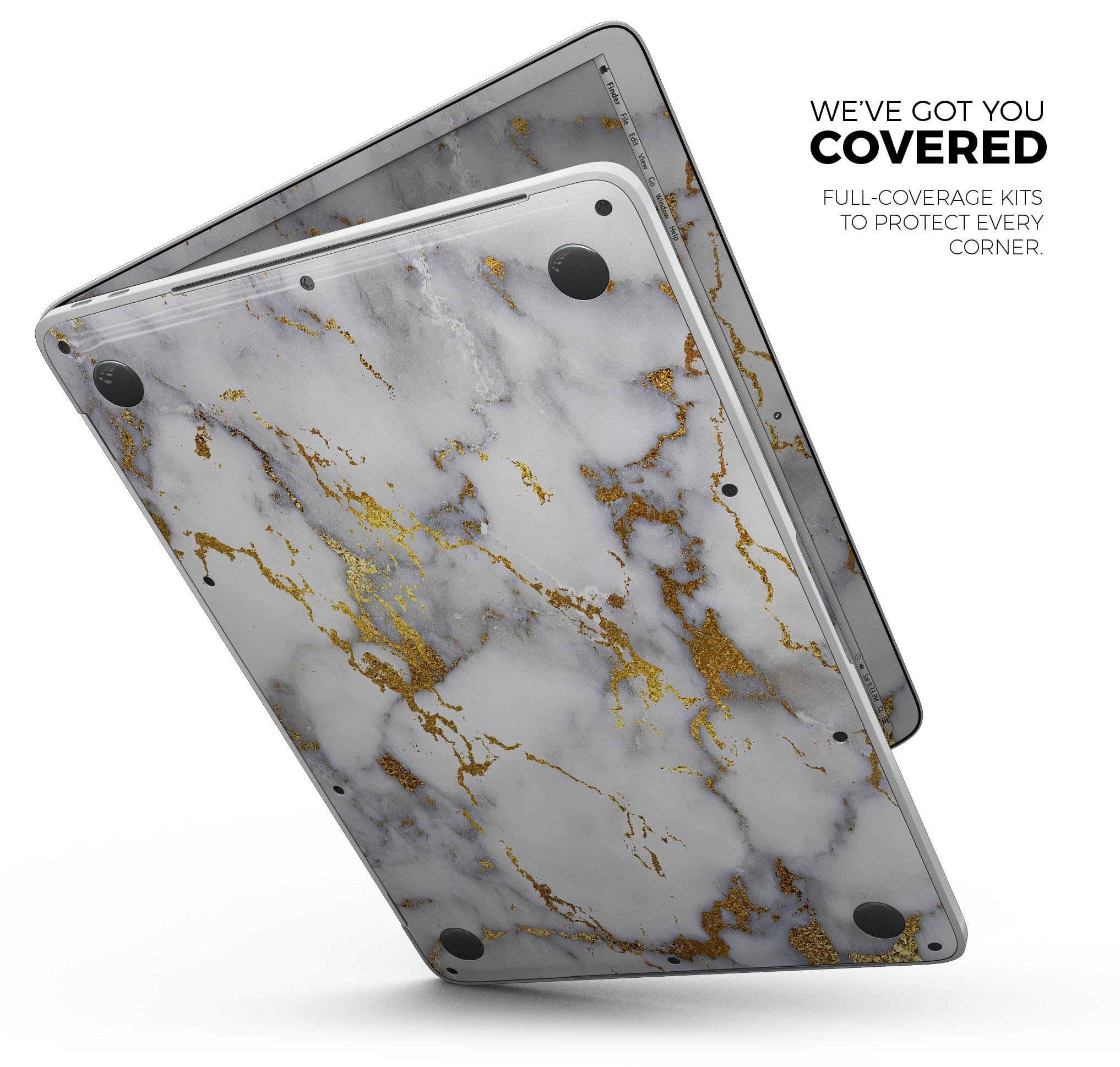 Marble and Digital Gold Foil V7 skin decal wrap kit for Apple MacBook, showcasing a stylish design with premium vinyl material.