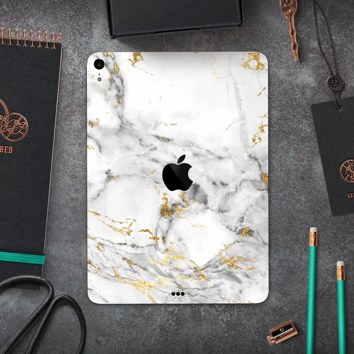 Marble and digital gold foil skin decal for Apple devices, showcasing a stylish design with premium 3M material for protection.