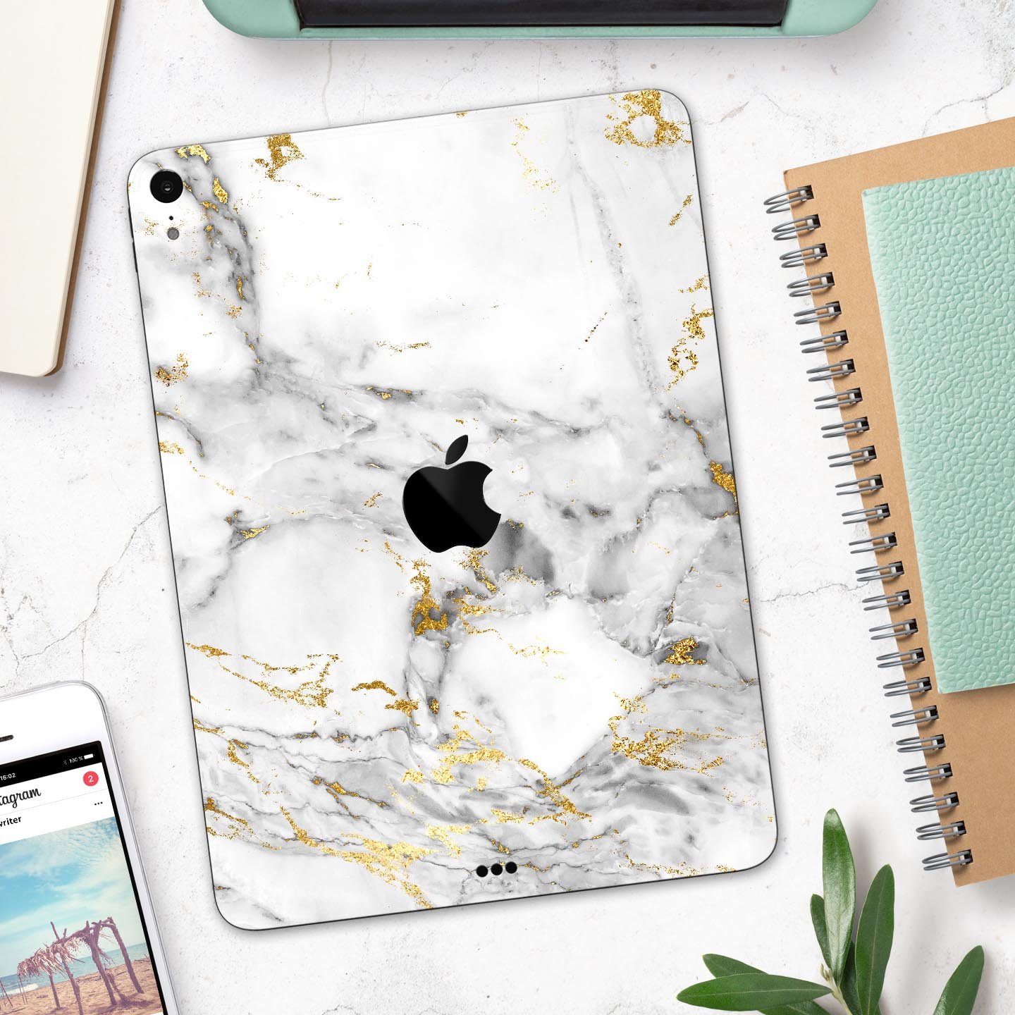 Marble and digital gold foil skin decal for Apple devices, showcasing a stylish design with premium 3M material for protection.