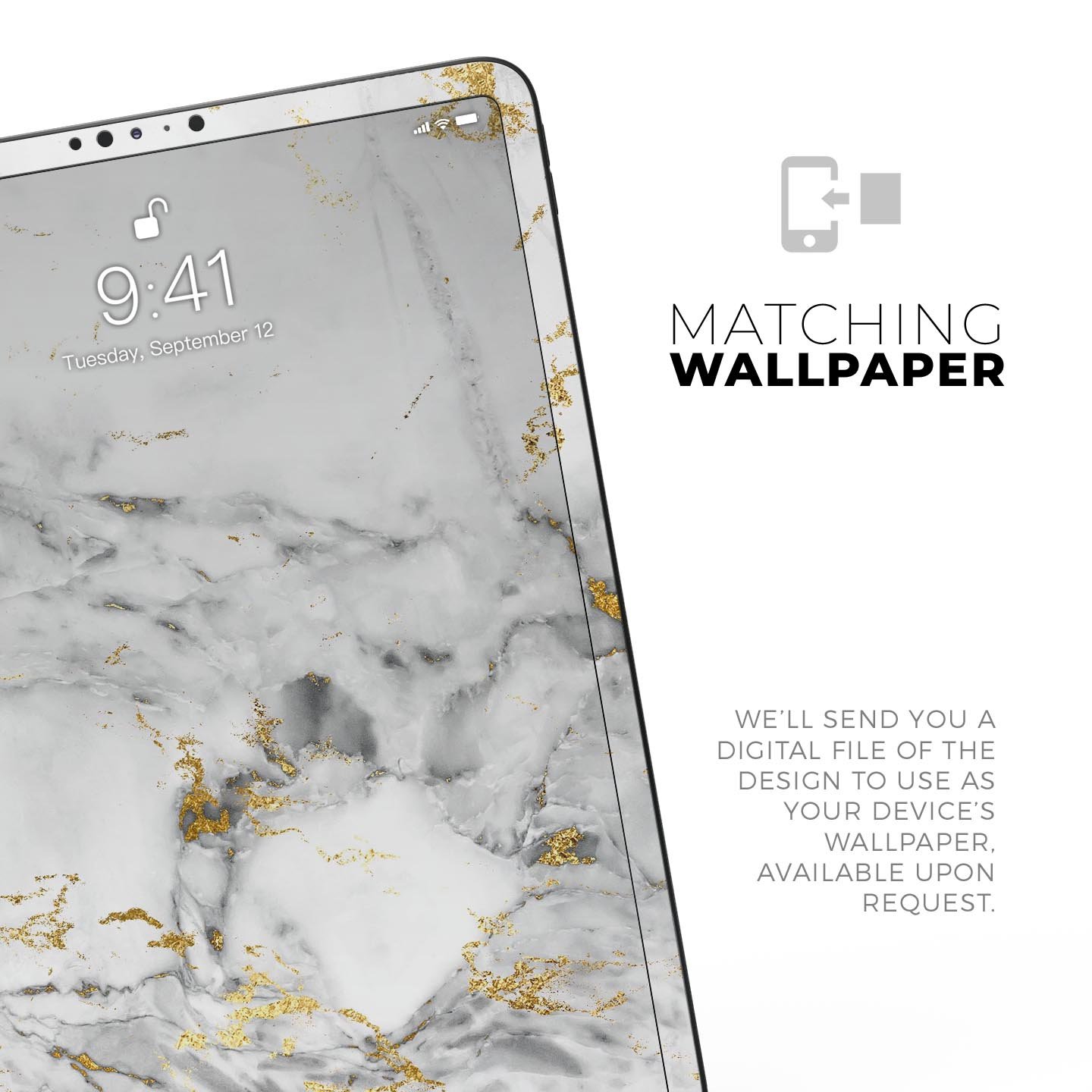 Marble and digital gold foil skin decal for Apple devices, showcasing a stylish design with premium 3M material for protection.