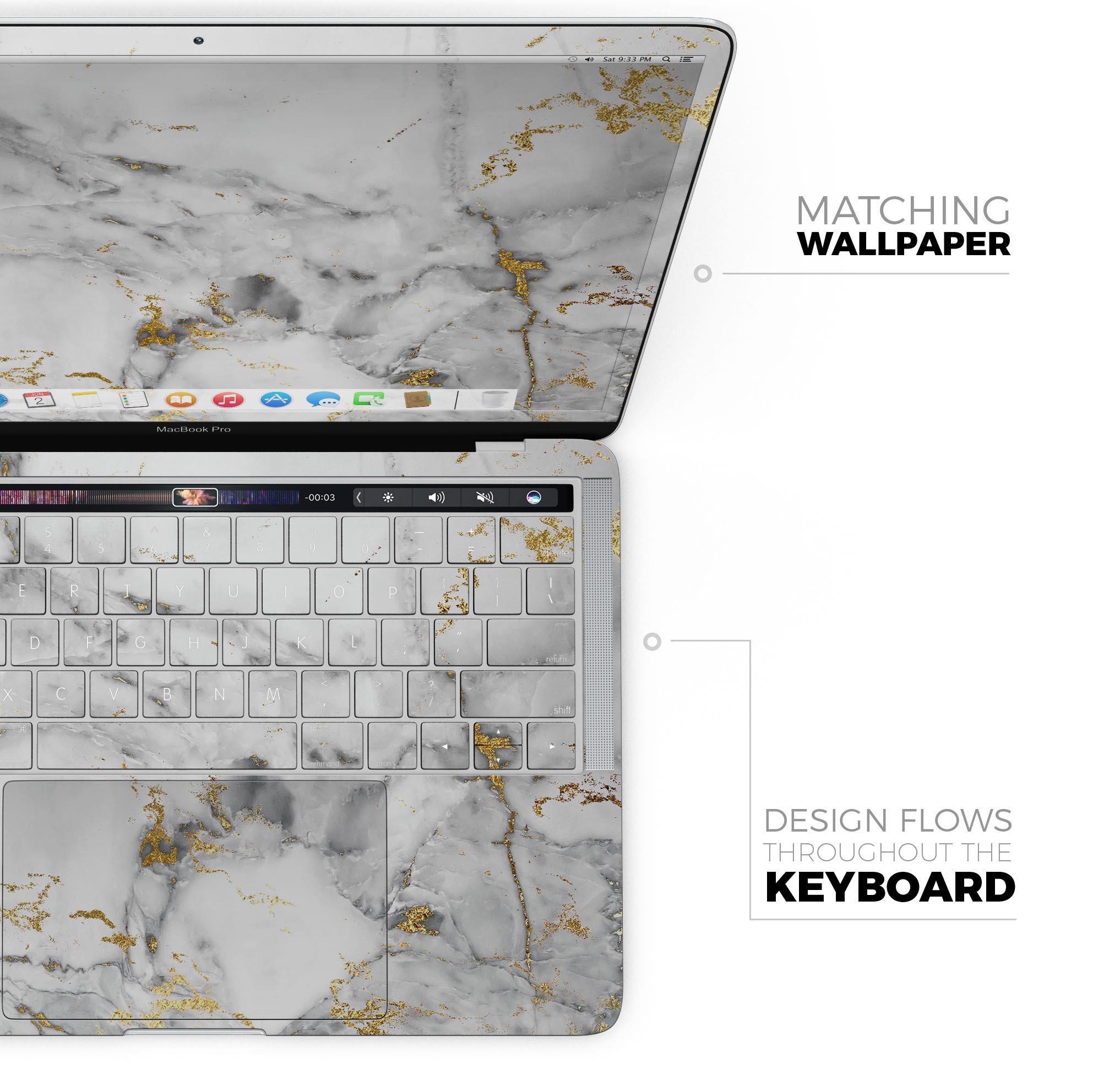 Marble and Digital Gold Foil V8 skin decal wrap kit for MacBook, showcasing its elegant design and premium quality.