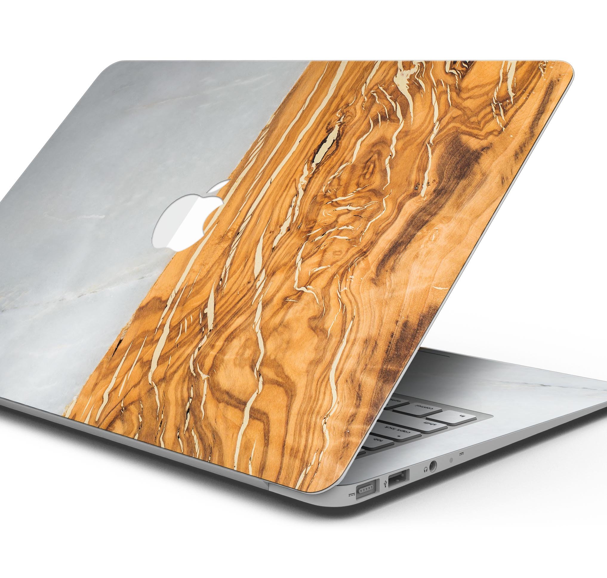 Marble and wood design skin decal wrap kit for Apple MacBook, showcasing premium vinyl material and stylish finish.