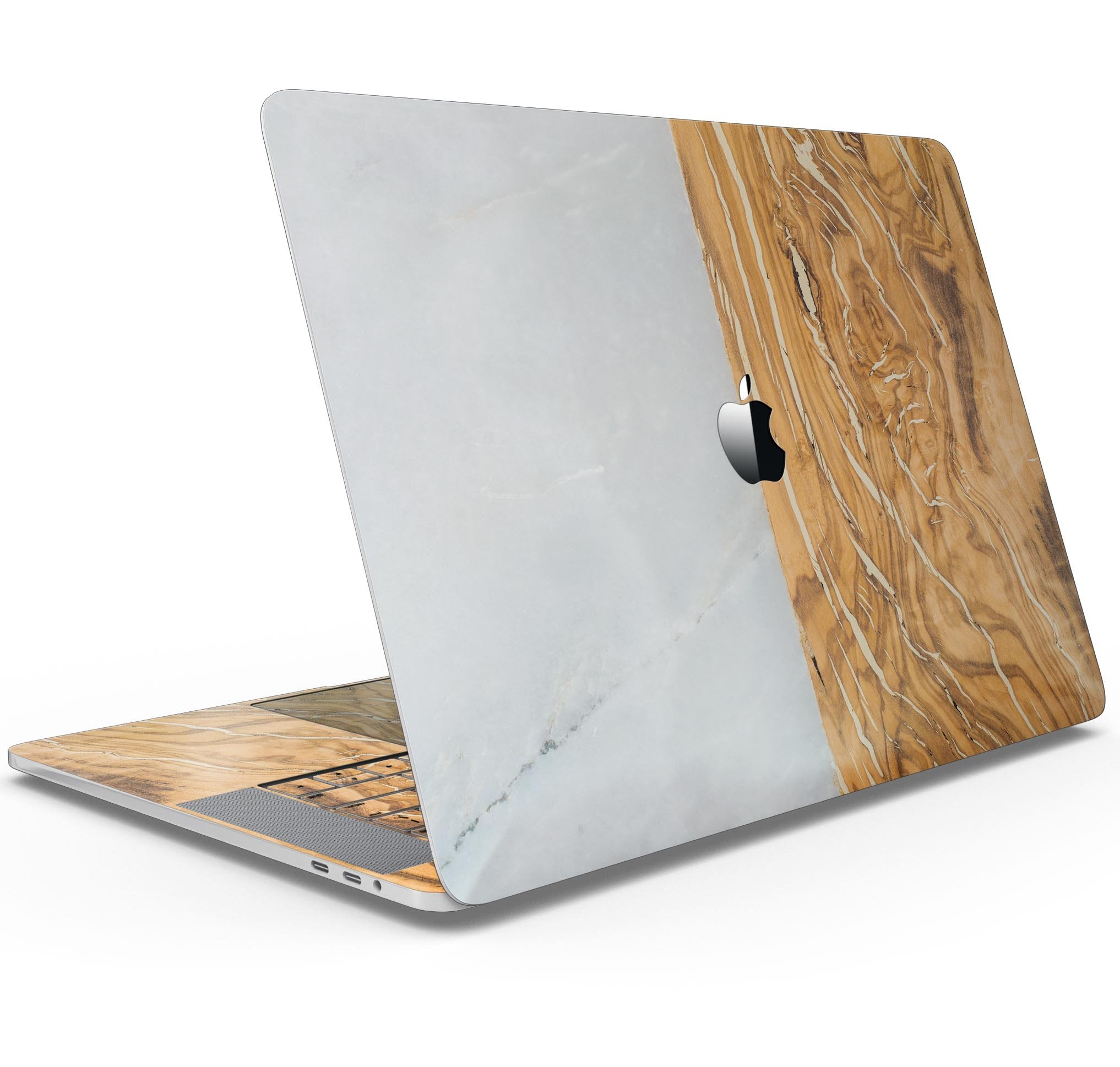 Marble and wood design skin decal wrap kit for Apple MacBook, showcasing premium vinyl material and stylish finish.