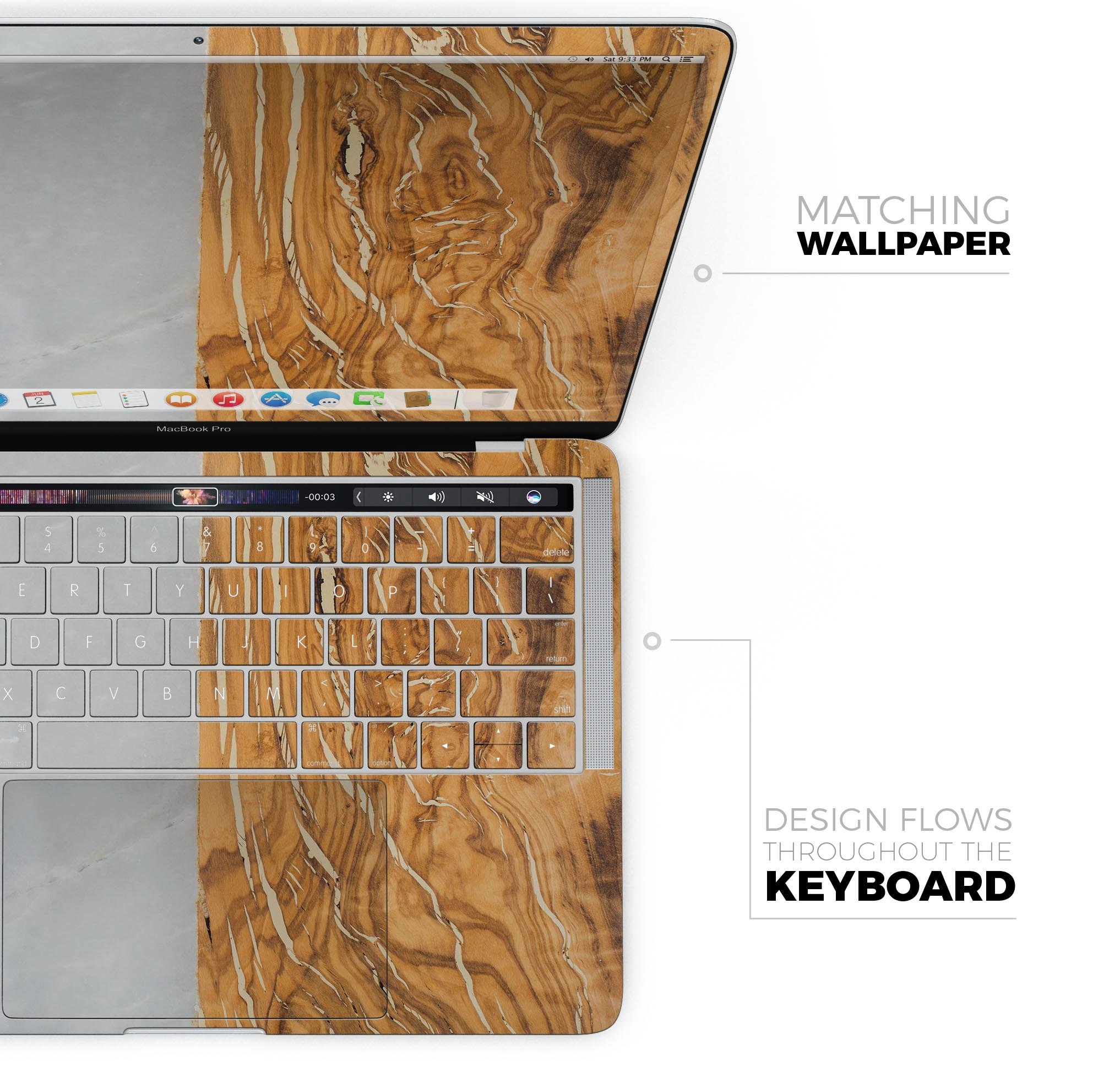 Marble and wood design skin decal wrap kit for Apple MacBook, showcasing premium vinyl material and stylish finish.