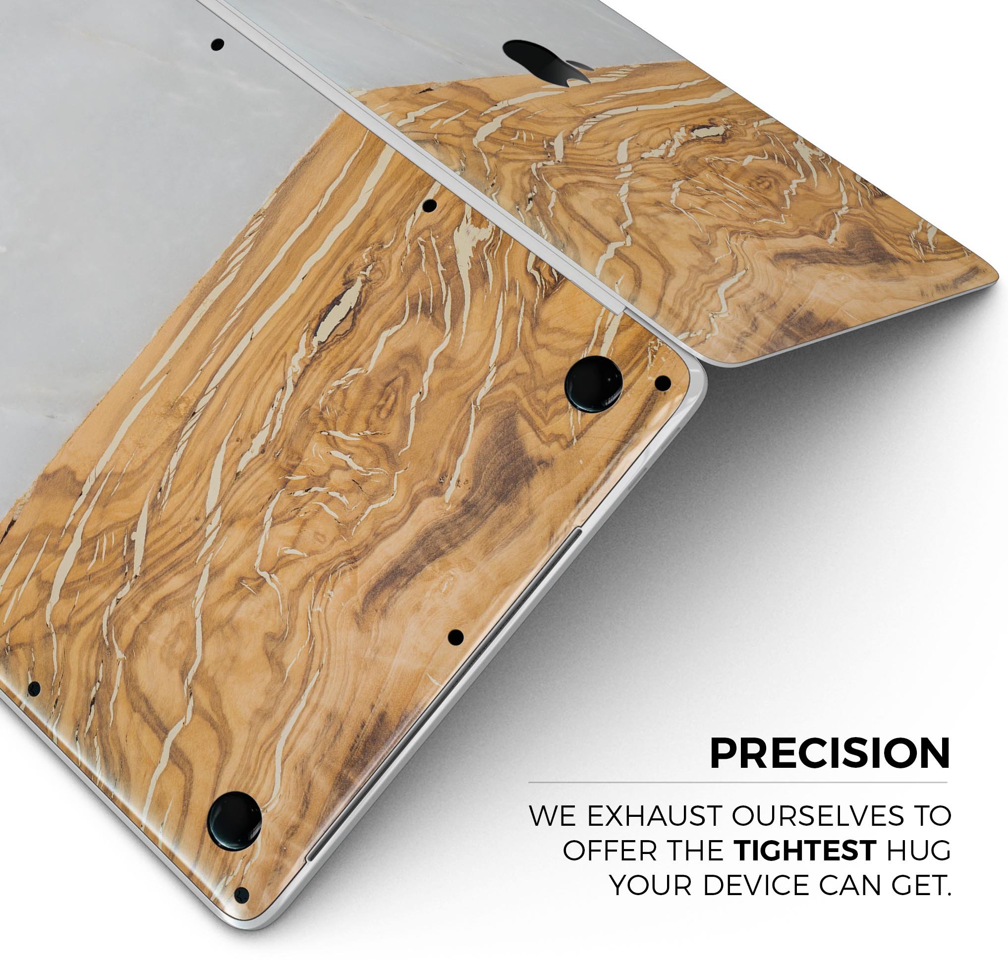 Marble and wood design skin decal wrap kit for Apple MacBook, showcasing premium vinyl material and stylish finish.