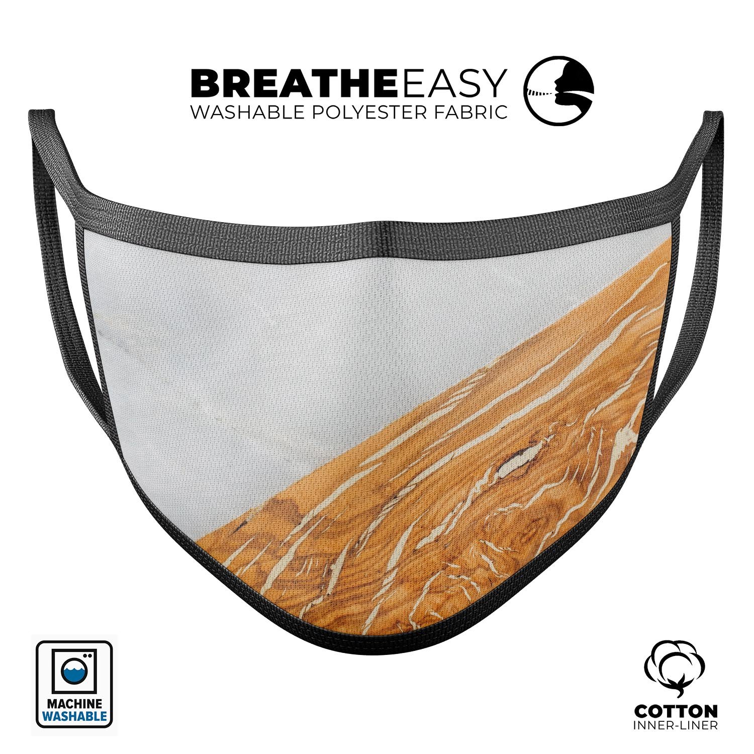 Marble & Wood Mix V2 mouth cover, showcasing a stylish design with adjustable ear loops, made from soft cotton for comfort.