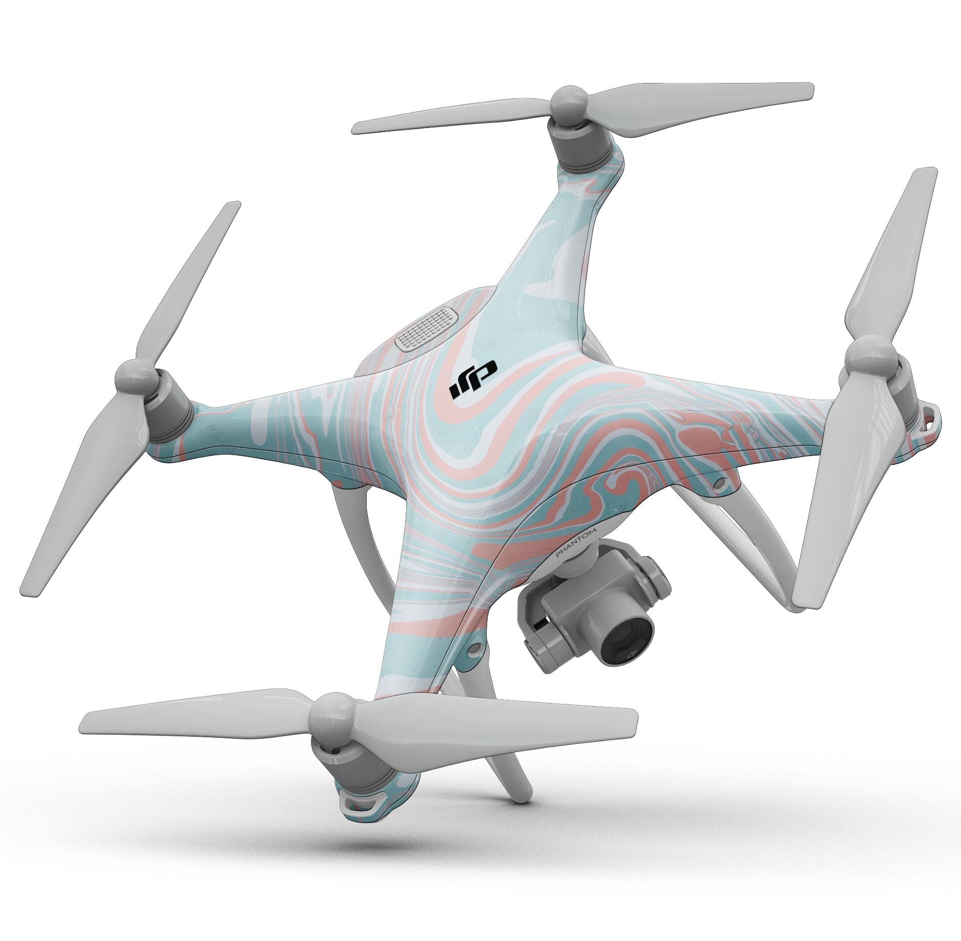 Marbleized Mint and Coral Full-Body Skin Kit for DJI Phantom 4, showcasing a vibrant design and precision fit.