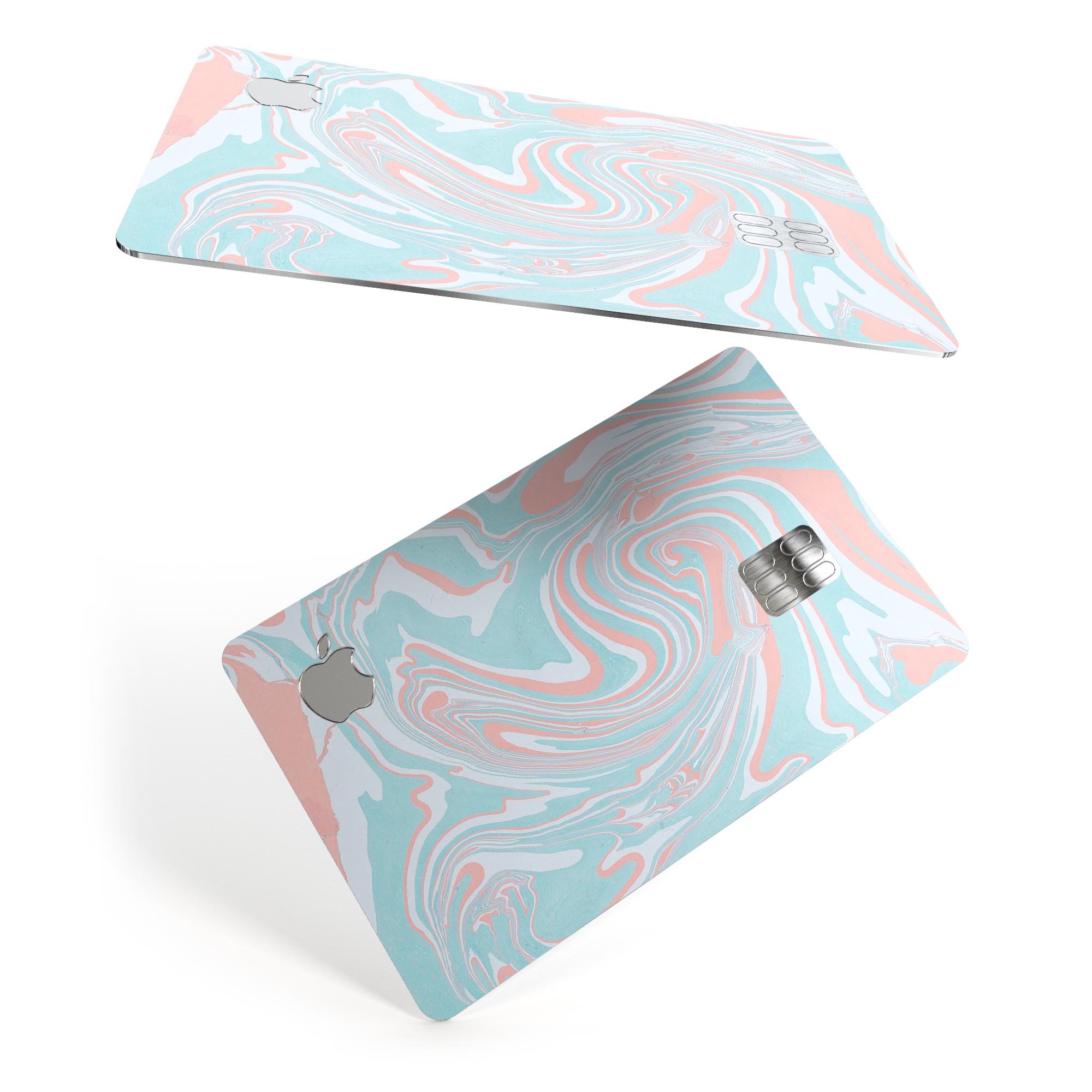 Marbleized Mint and Coral skin kit for Apple Card, showcasing its vibrant design and premium quality.
