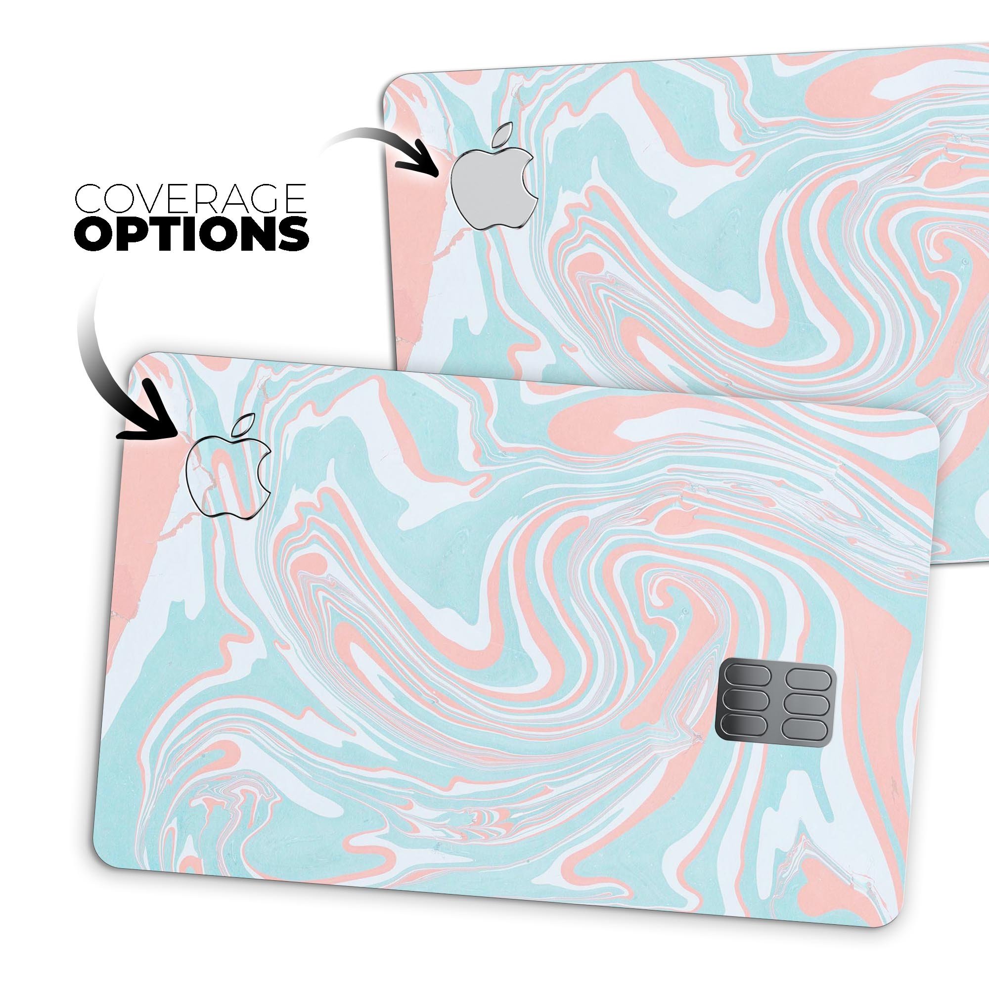 Marbleized Mint and Coral skin kit for Apple Card, showcasing its vibrant design and premium quality.