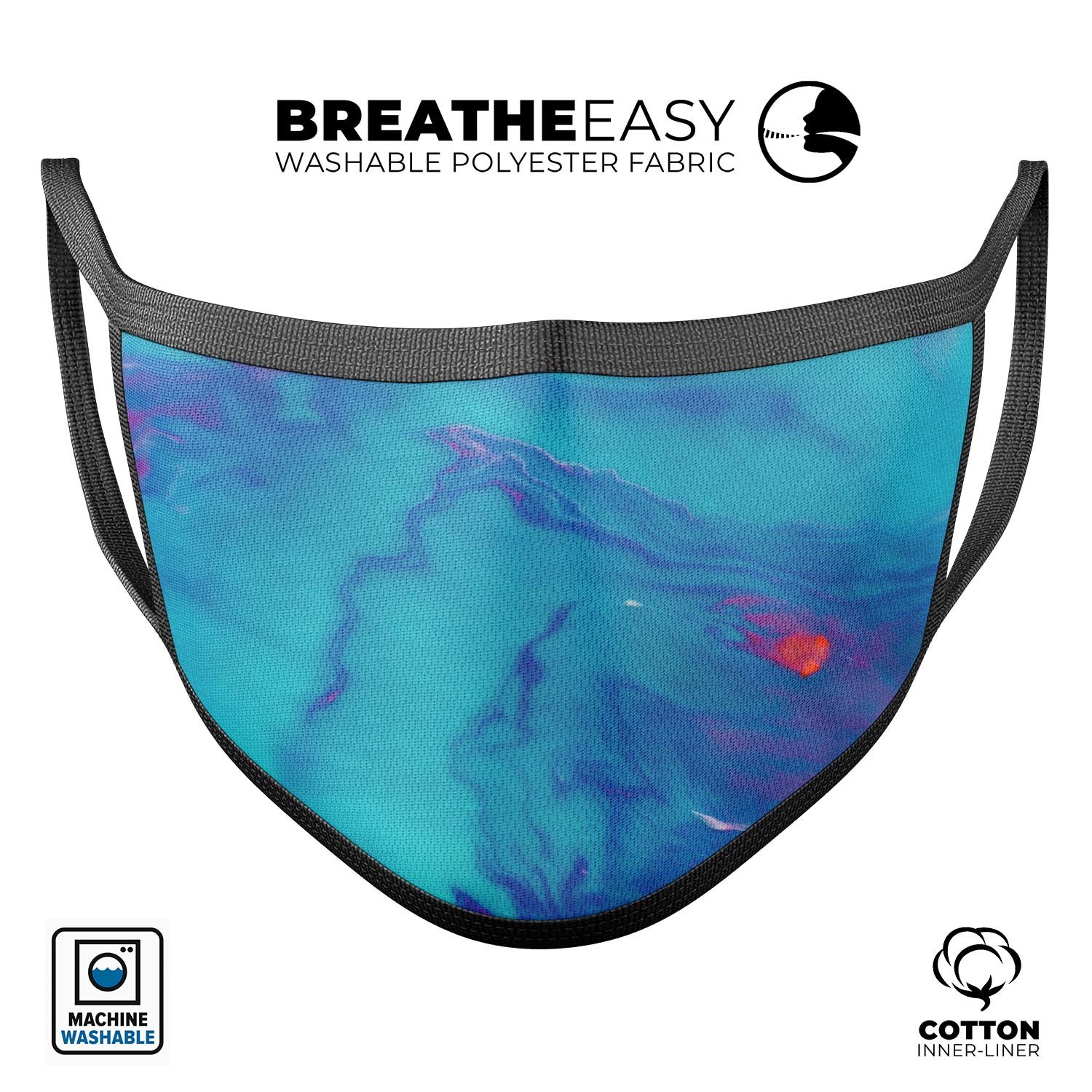 Marbleized Ocean Blue unisex mouth cover made in the USA, featuring adjustable ear-loops and a soft cotton interior.