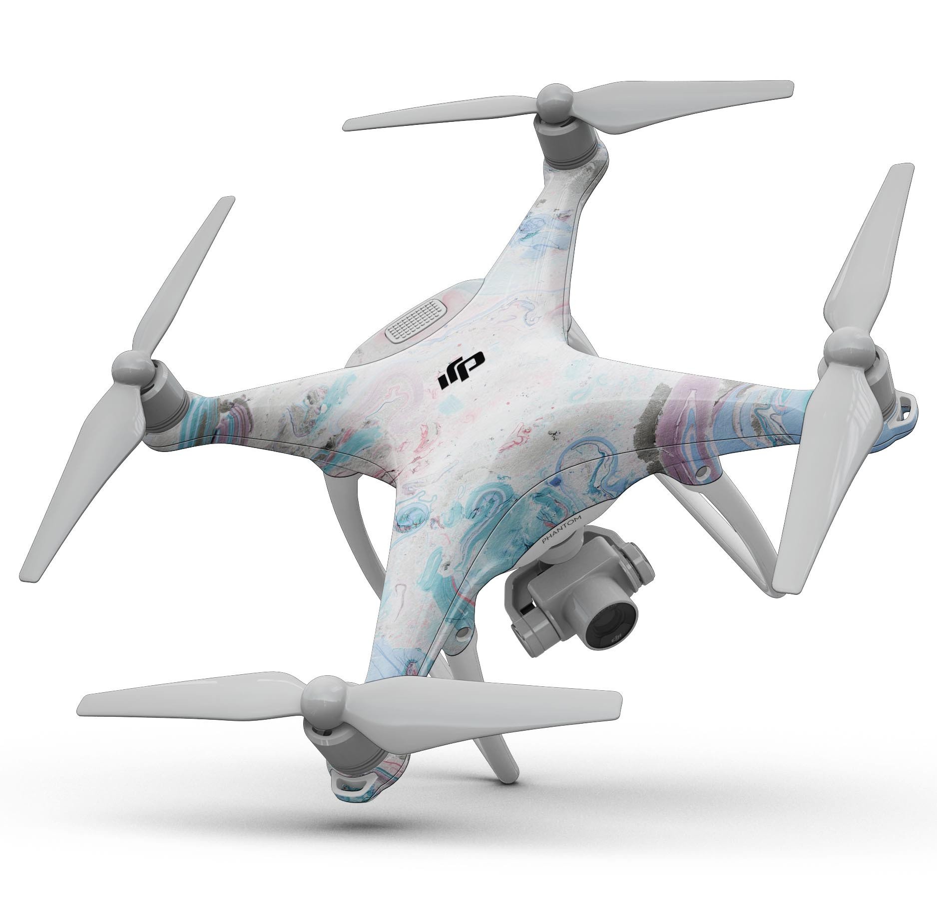 Marbleized Pink and Blue Blotch Full-Body Skin Kit for DJI Phantom 4, showcasing vibrant colors and precision fit.