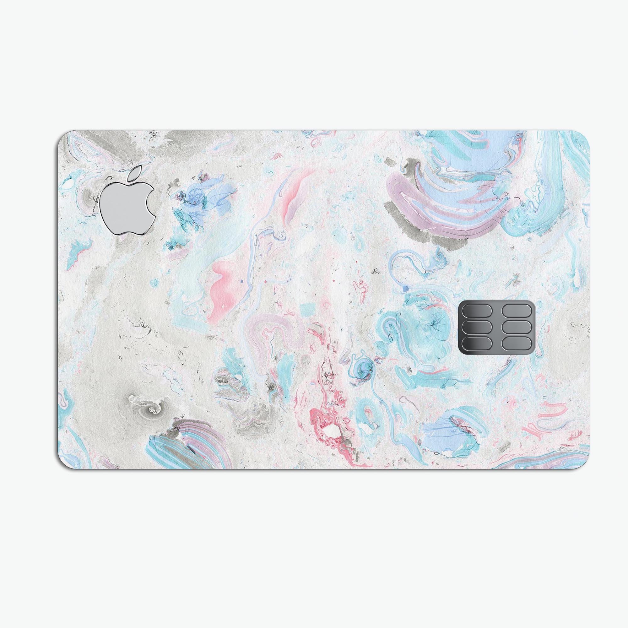 Marbleized Pink and Blue Blotch skin kit for Apple Card, showcasing vibrant colors and premium vinyl material.