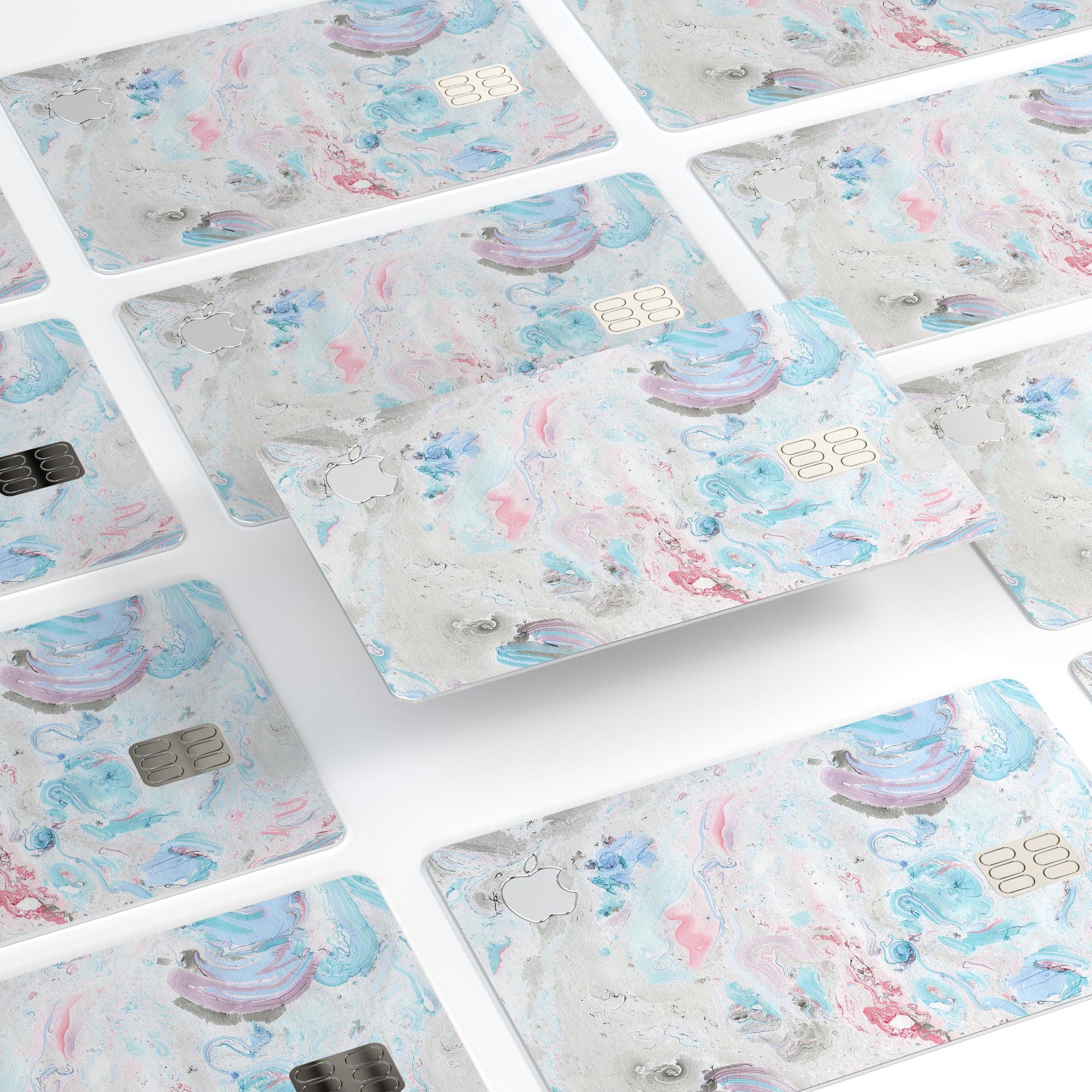 Marbleized Pink and Blue Blotch skin kit for Apple Card, showcasing vibrant colors and premium vinyl material.