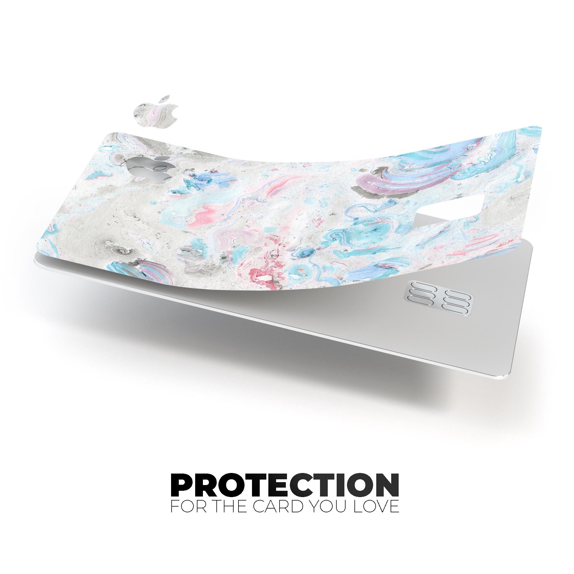 Marbleized Pink and Blue Blotch skin kit for Apple Card, showcasing vibrant colors and premium vinyl material.