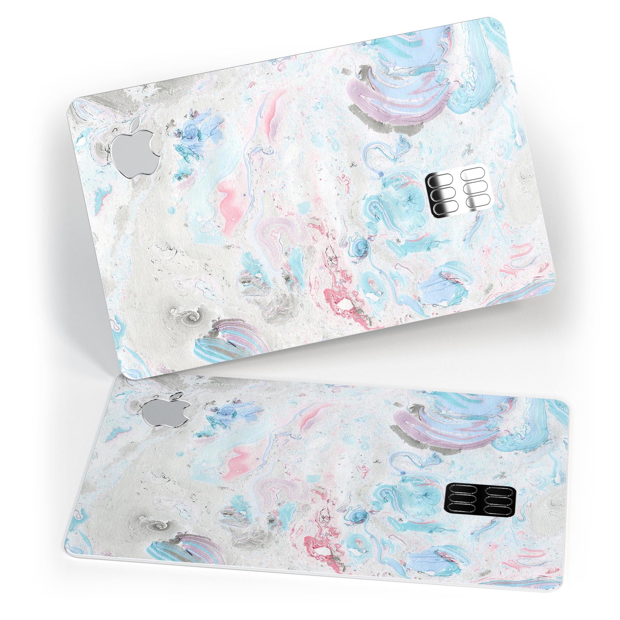 Marbleized Pink and Blue Blotch skin kit for Apple Card, showcasing vibrant colors and premium vinyl material.