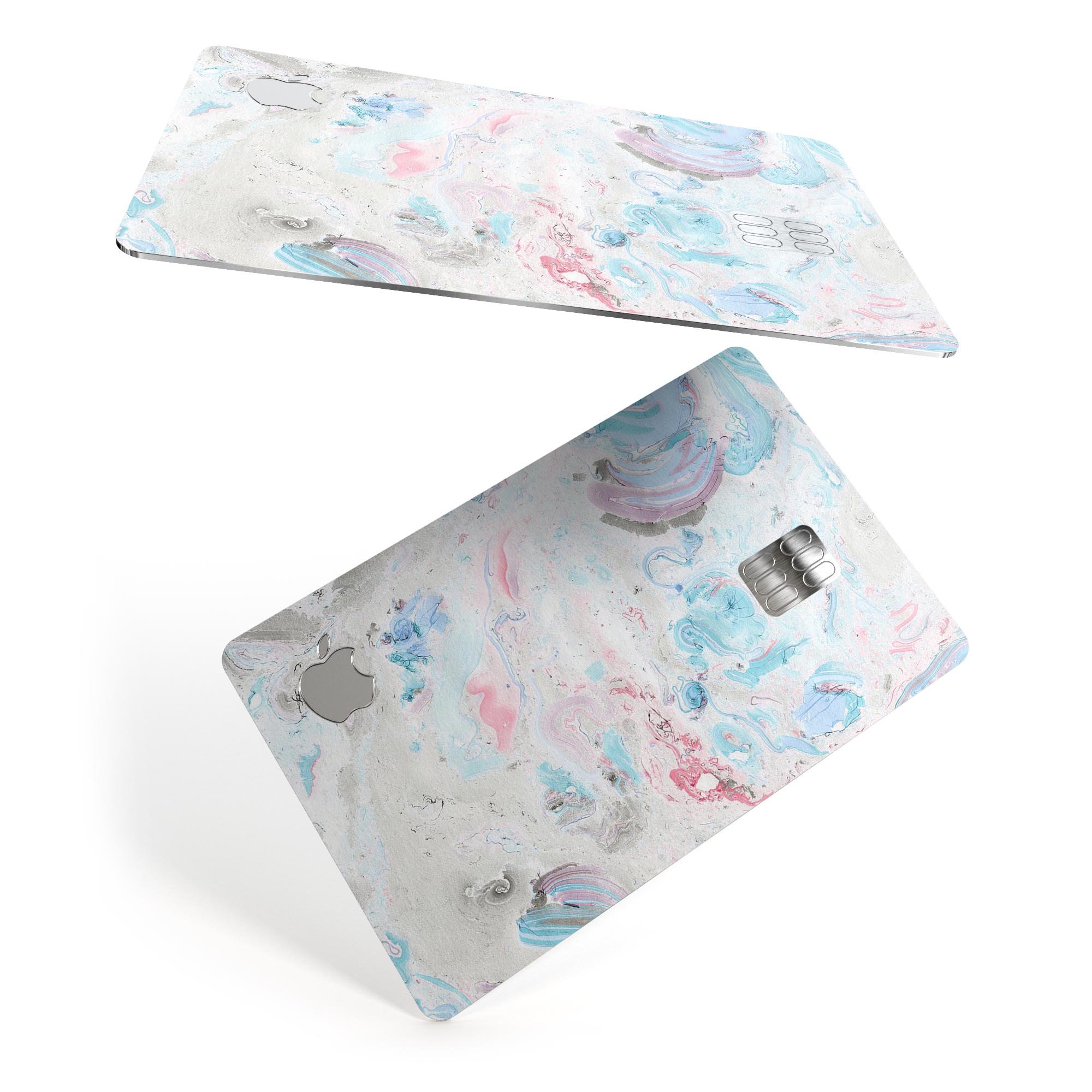 Marbleized Pink and Blue Blotch skin kit for Apple Card, showcasing vibrant colors and premium vinyl material.