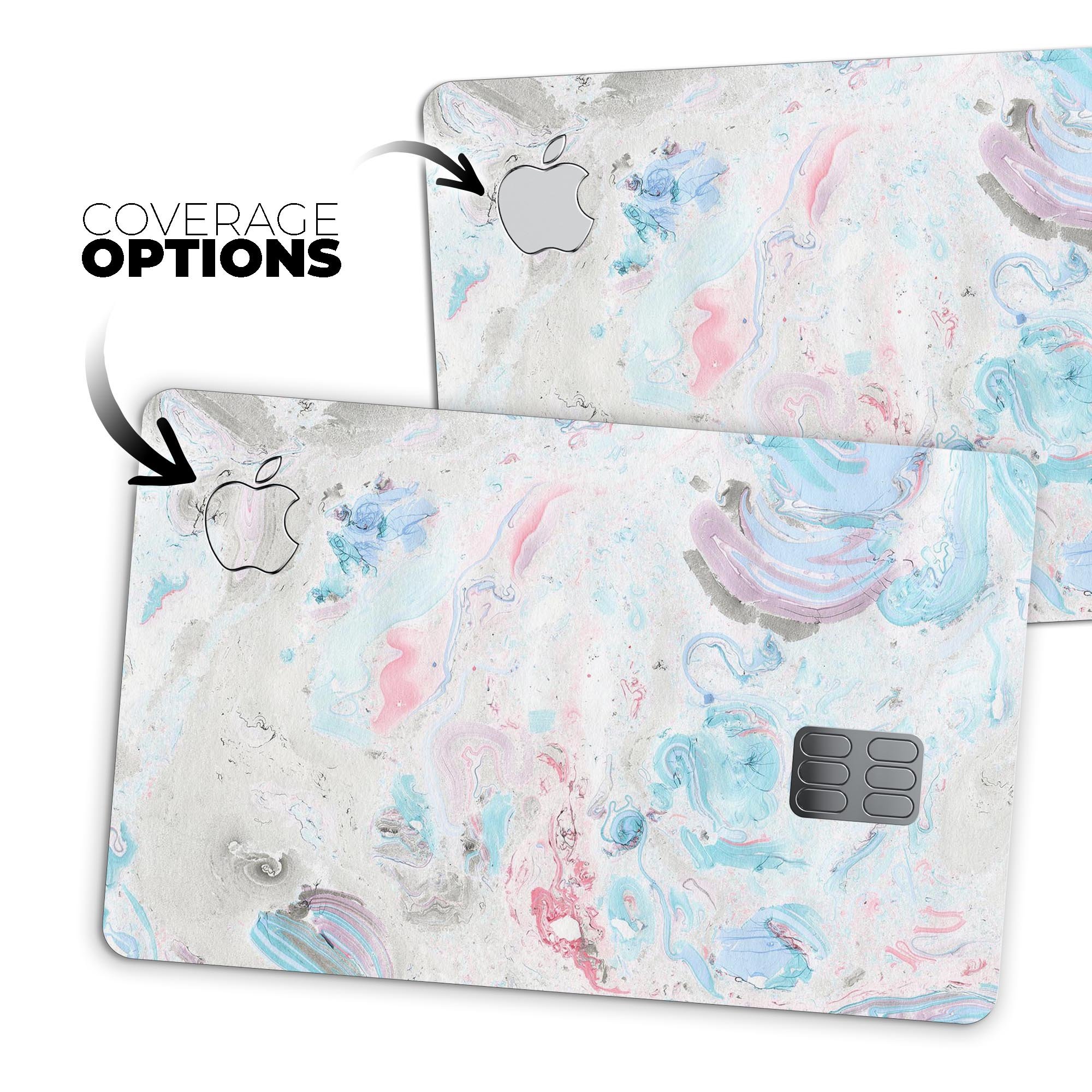 Marbleized Pink and Blue Blotch skin kit for Apple Card, showcasing vibrant colors and premium vinyl material.