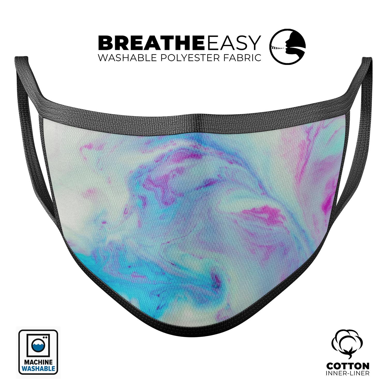 Marbleized Pink and Blue Paradise V371 mouth cover, showcasing vibrant colors and adjustable ear-loop bands.