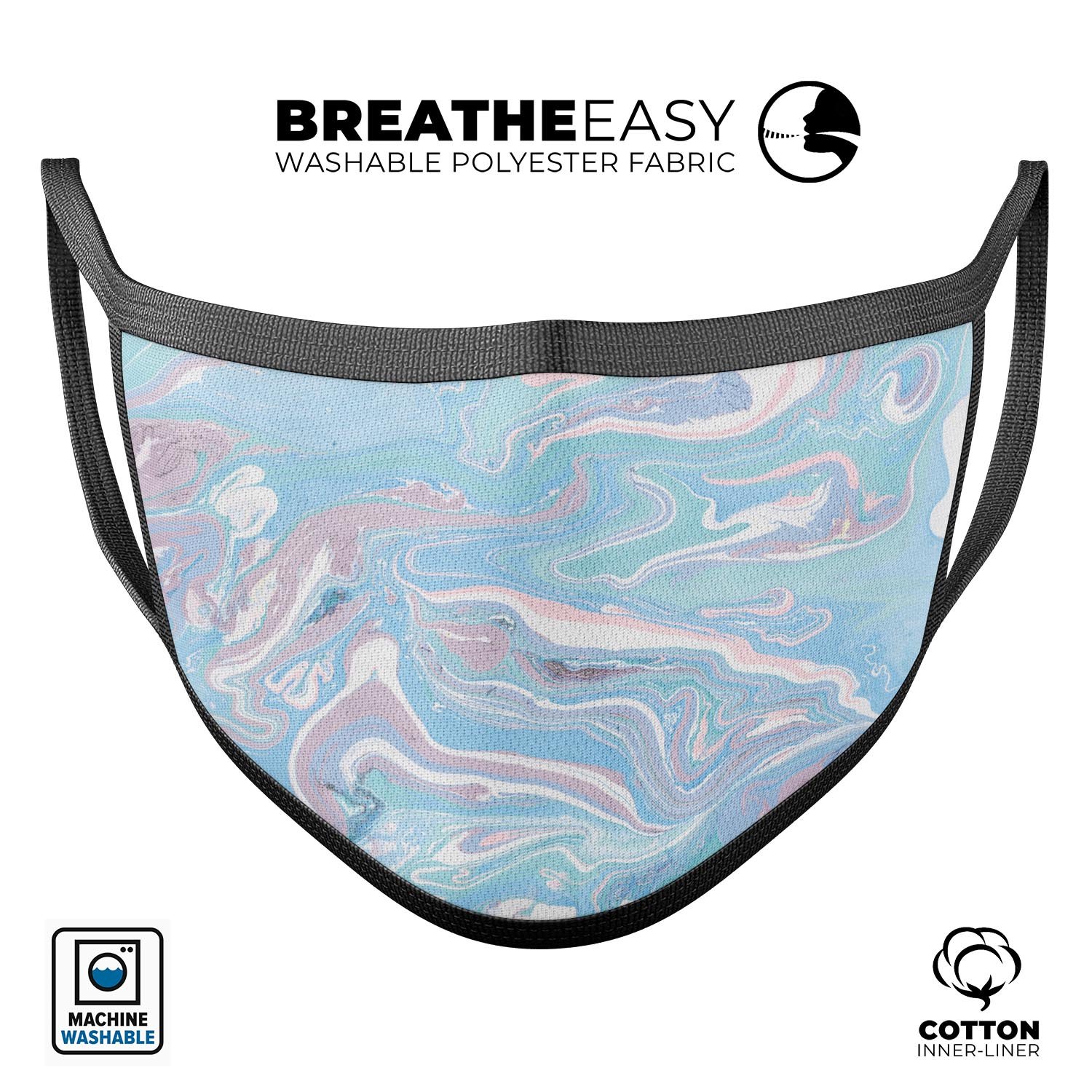 Marbleized Pink and Blue Soft v3 mouth cover, showcasing vibrant colors and adjustable ear loops for a comfortable fit.