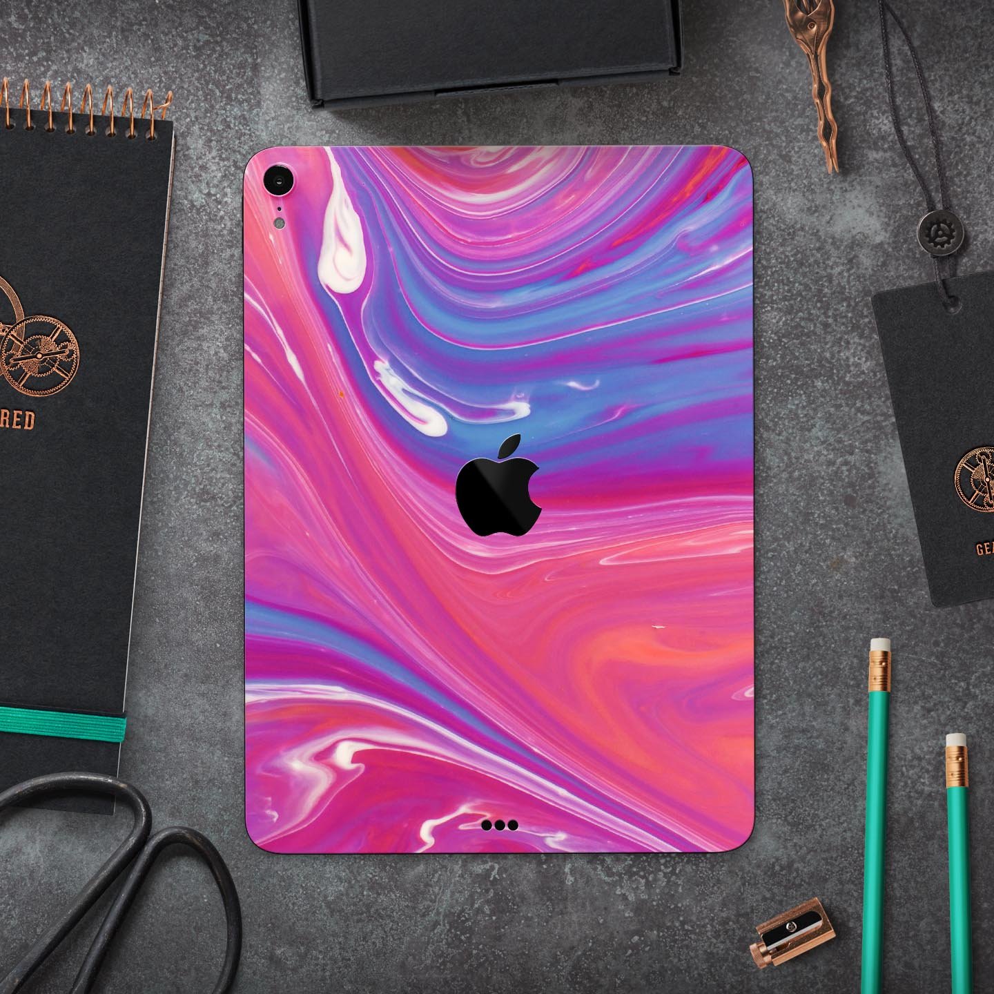 Marbleized Pink and Blue v391 Full Body Skin Decal for Apple, showcasing vibrant colors and a sleek design.