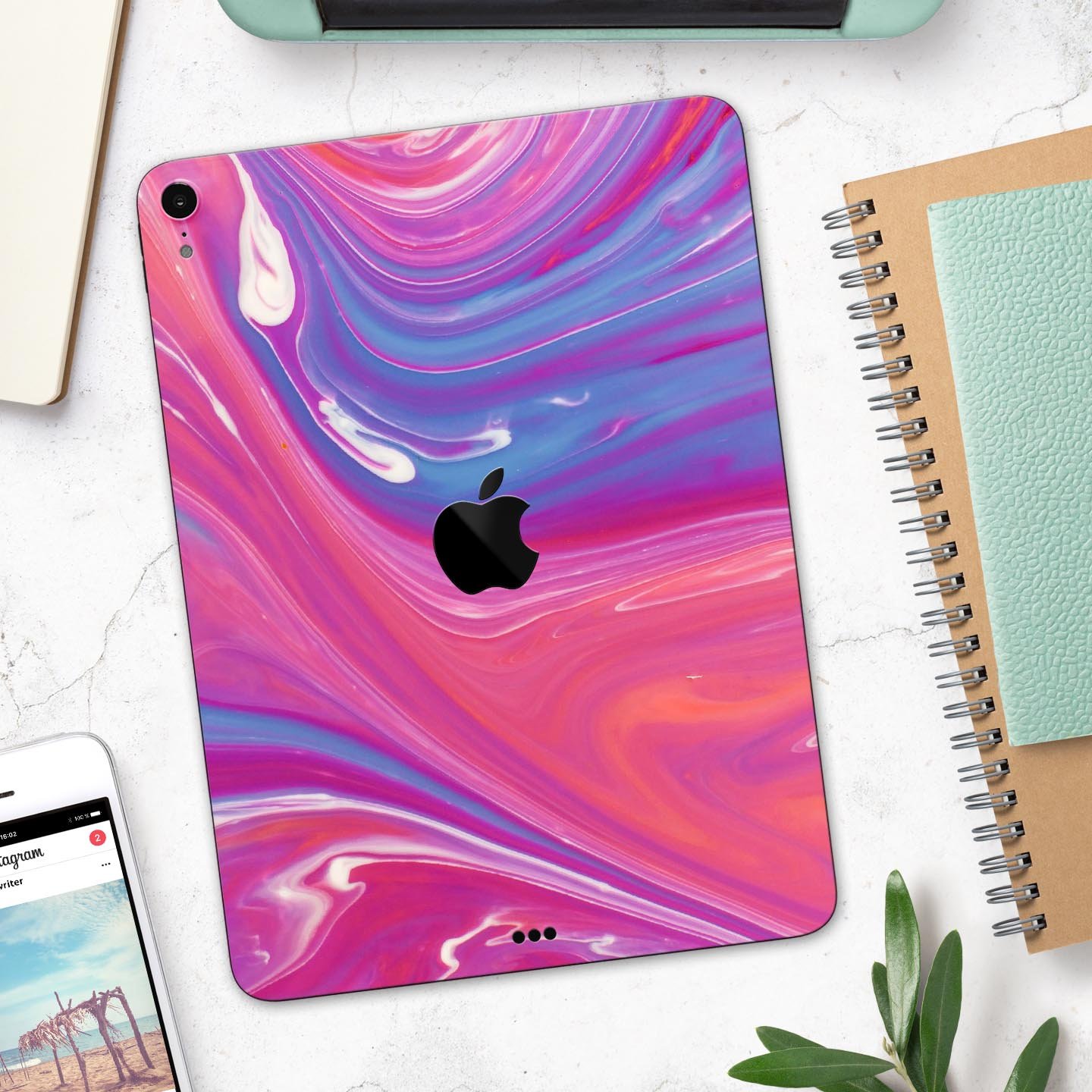 Marbleized Pink and Blue v391 Full Body Skin Decal for Apple, showcasing vibrant colors and a sleek design.