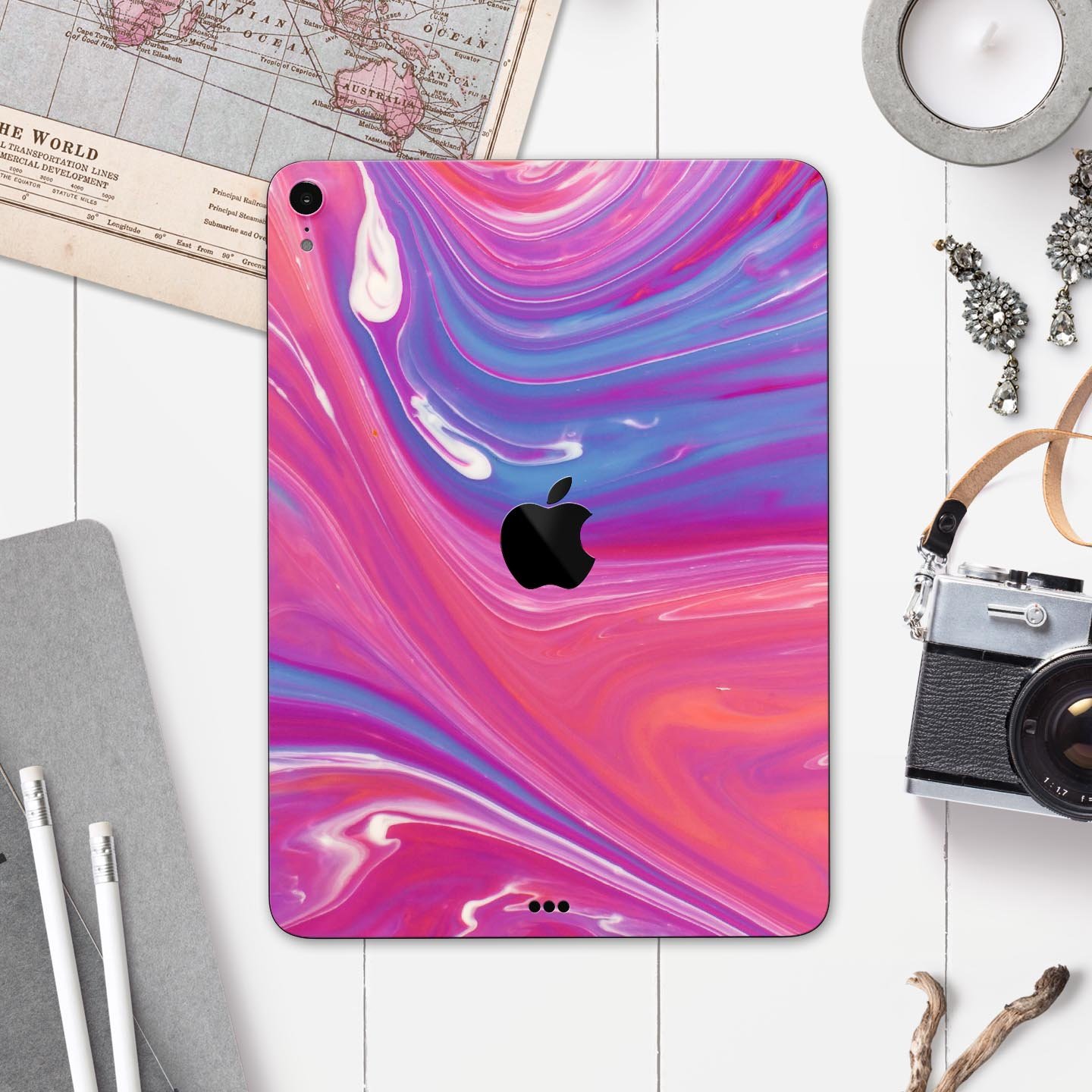 Marbleized Pink and Blue v391 Full Body Skin Decal for Apple, showcasing vibrant colors and a sleek design.