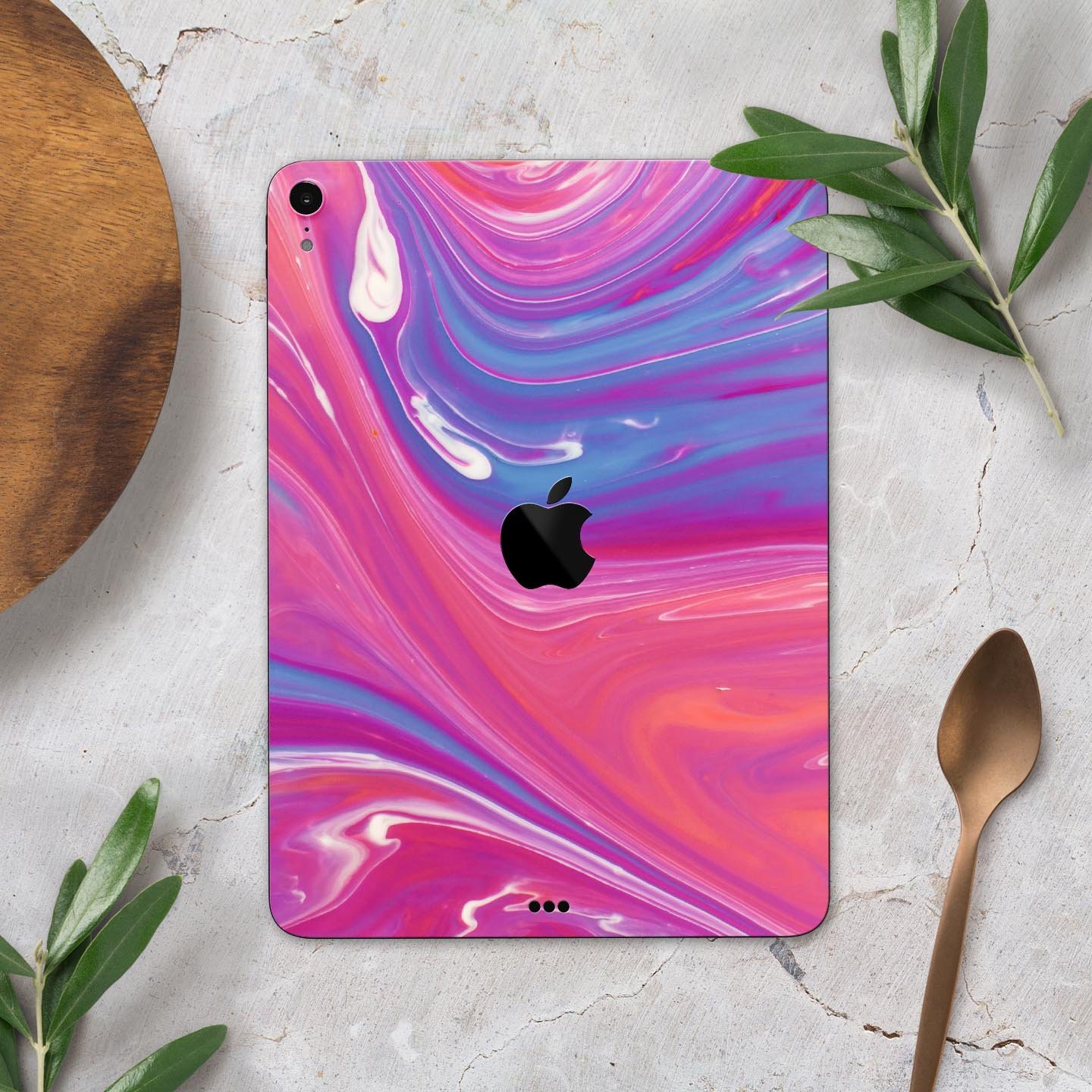 Marbleized Pink and Blue v391 Full Body Skin Decal for Apple, showcasing vibrant colors and a sleek design.