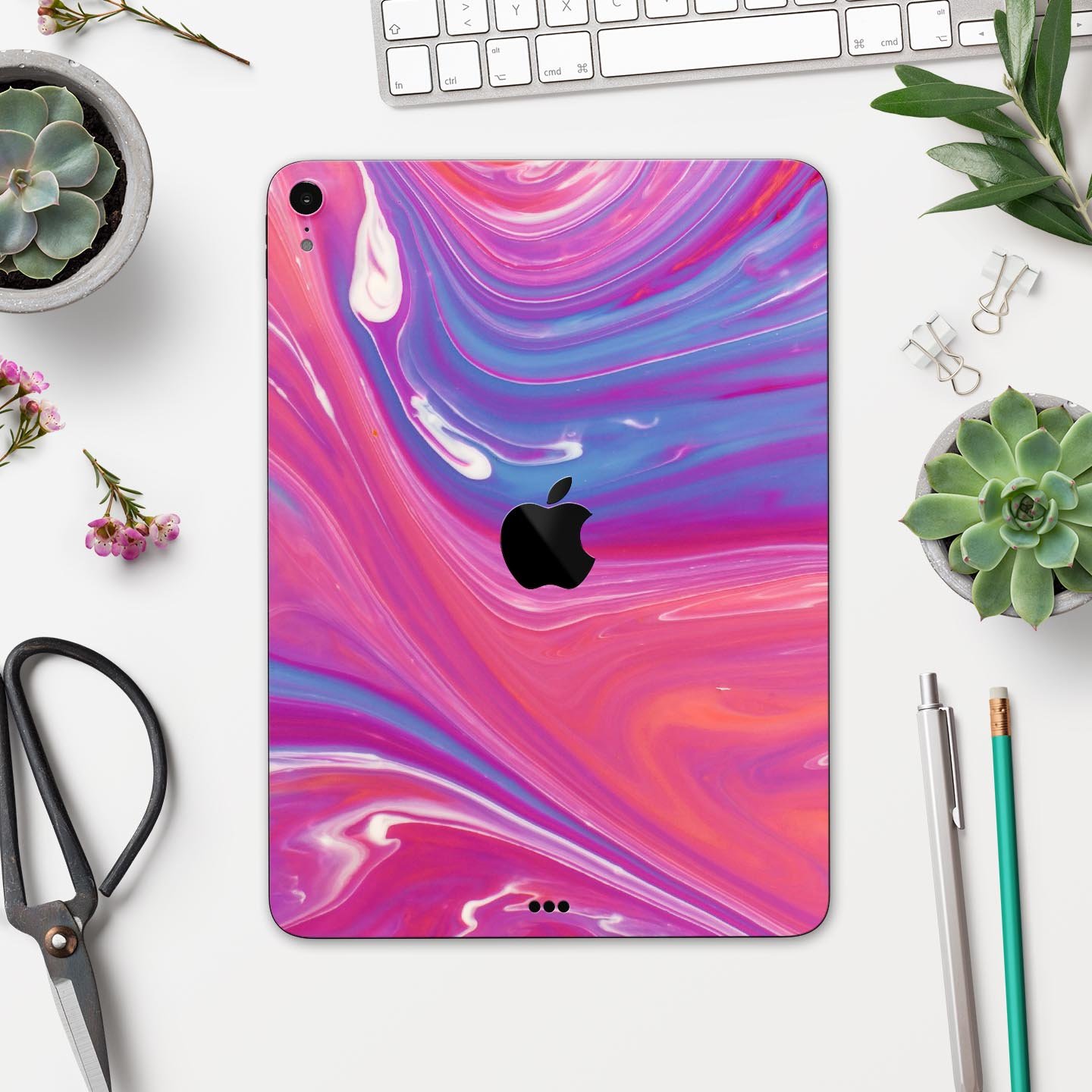 Marbleized Pink and Blue v391 Full Body Skin Decal for Apple, showcasing vibrant colors and a sleek design.