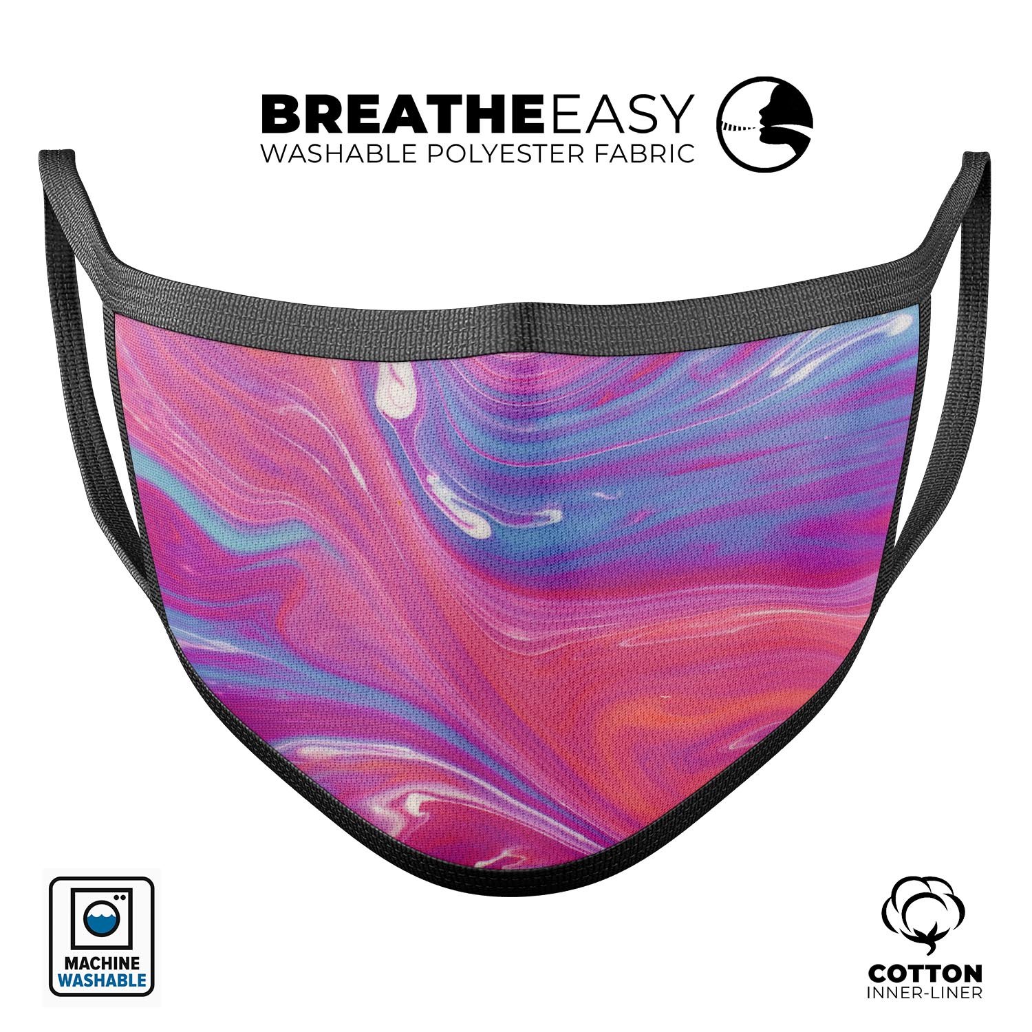 Marbleized Pink and Blue reusable mouth cover, showcasing vibrant colors and adjustable ear loops for a comfortable fit.