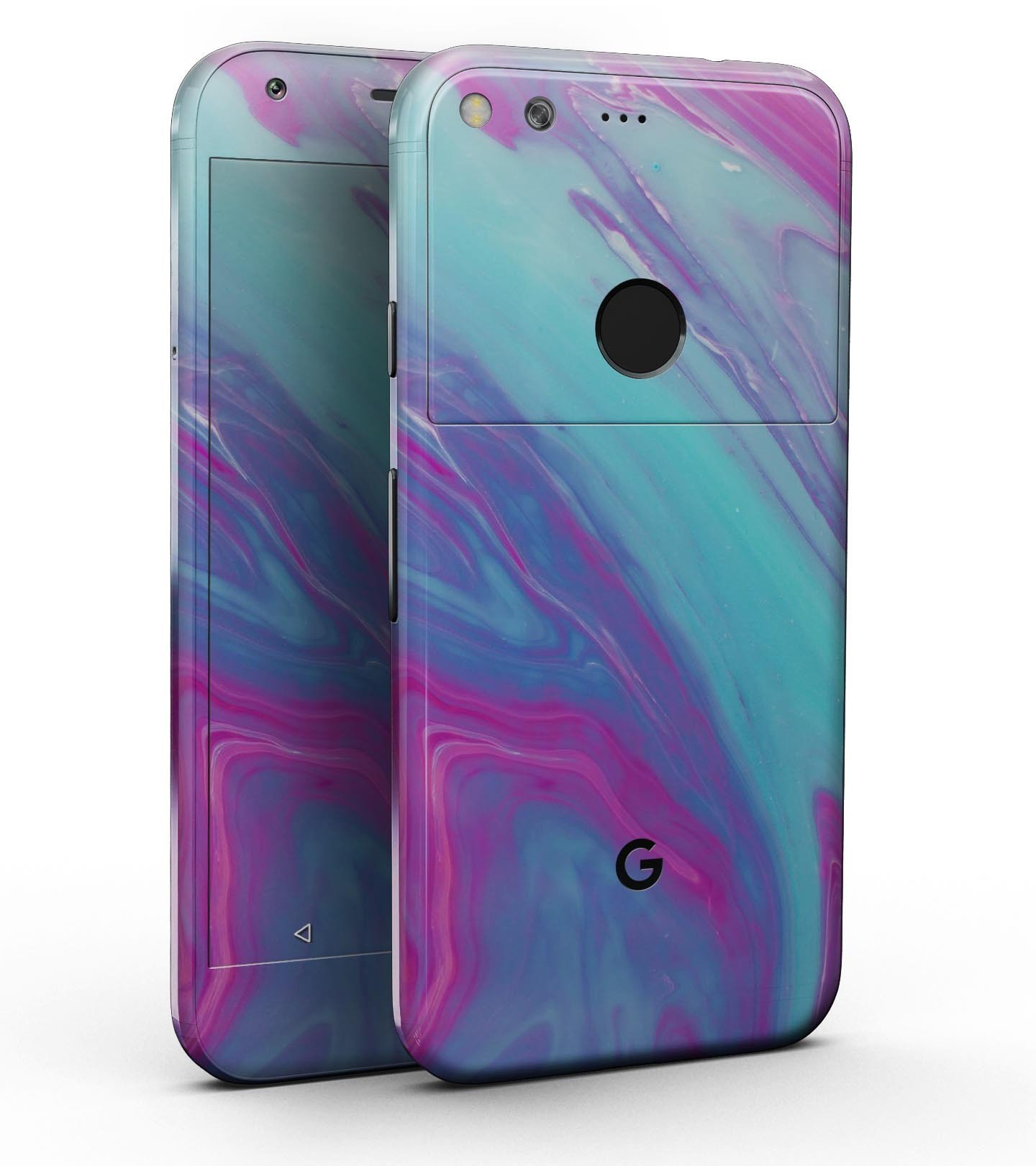 Marbleized Pink Ocean Blue Full-Body Skin Kit for Google Pixel, showcasing vibrant colors and sleek design.