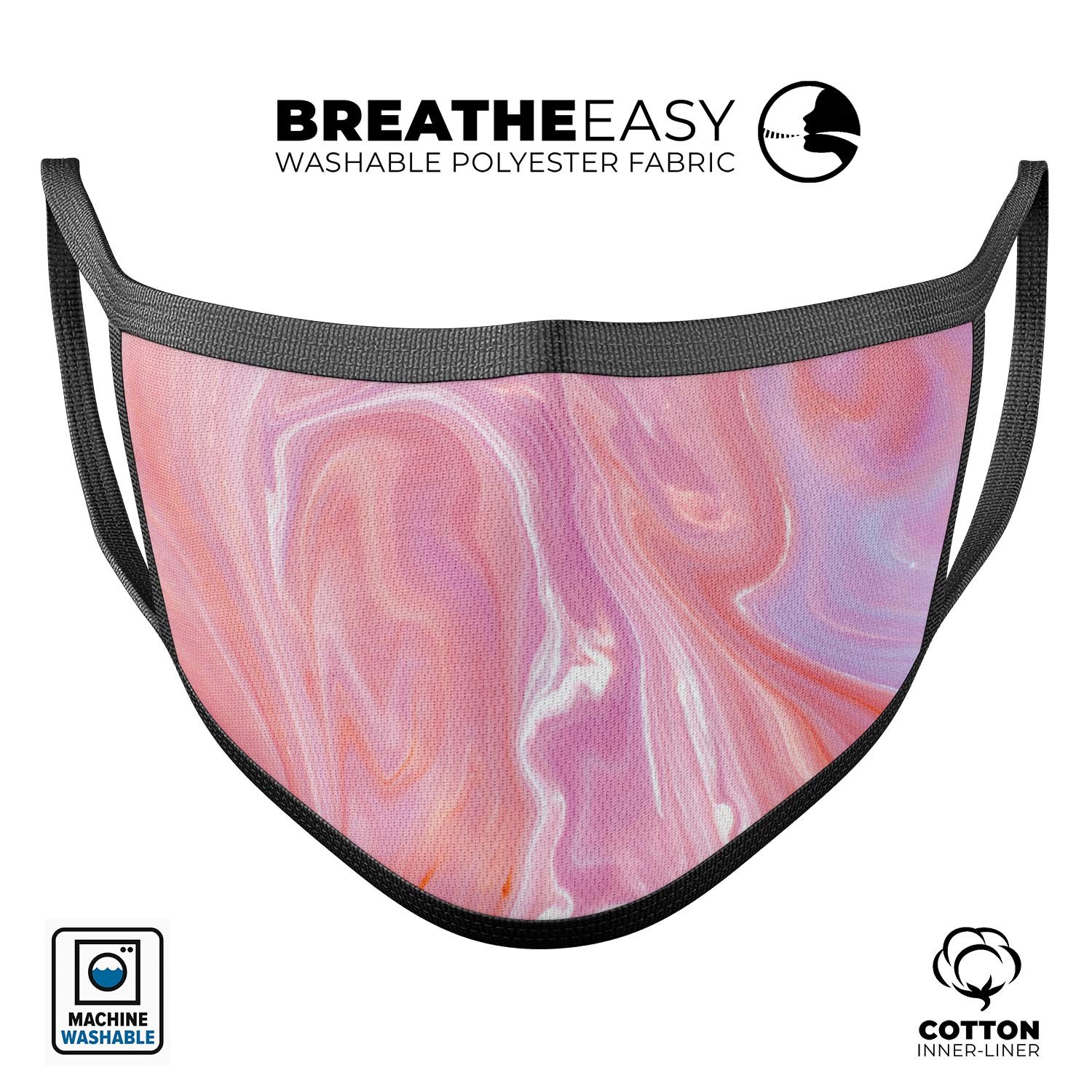 Marbleized Pink Paradise mouth cover, a stylish unisex anti-dust mask made in the USA, featuring adjustable ear loops and a soft cotton interior.