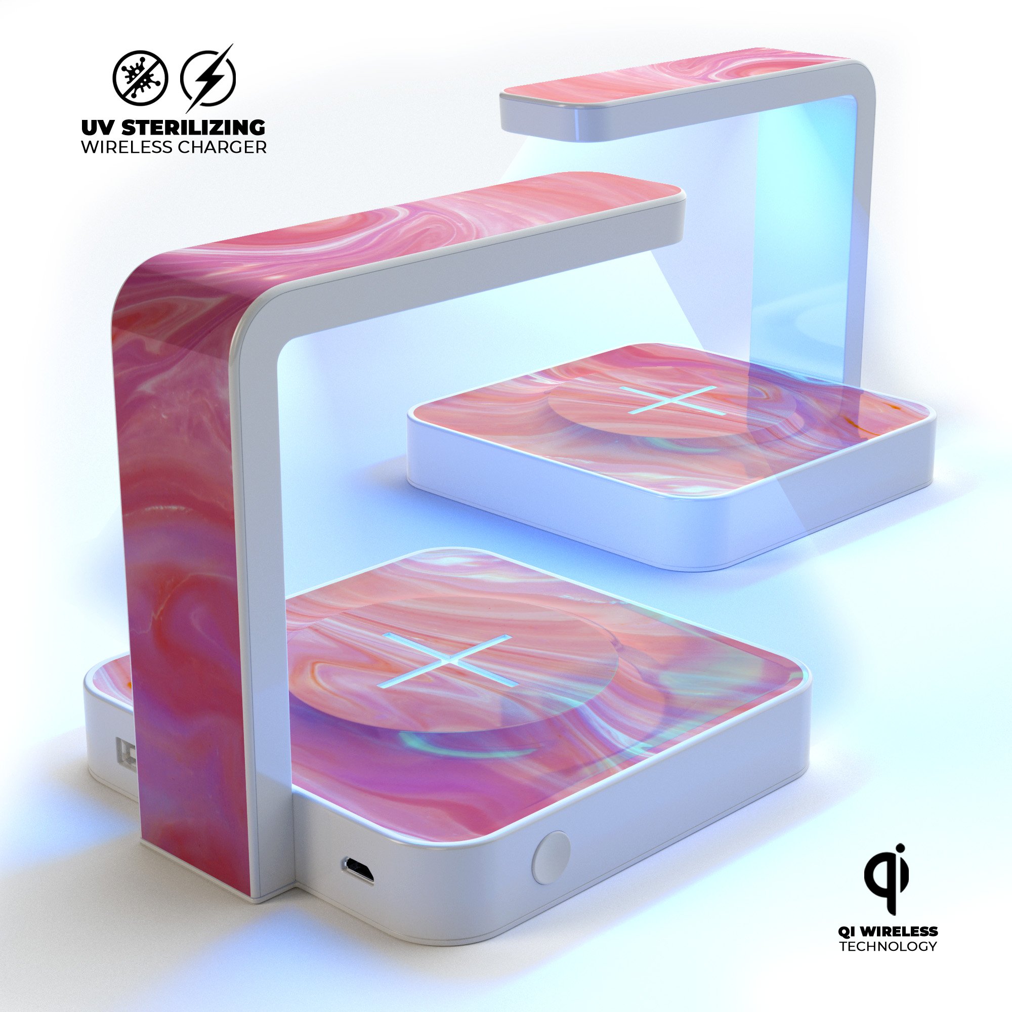 Marbleized Pink Paradise UV Germicidal Sanitizing Wireless Charger with decorative skin, showcasing its sleek design and functionality.
