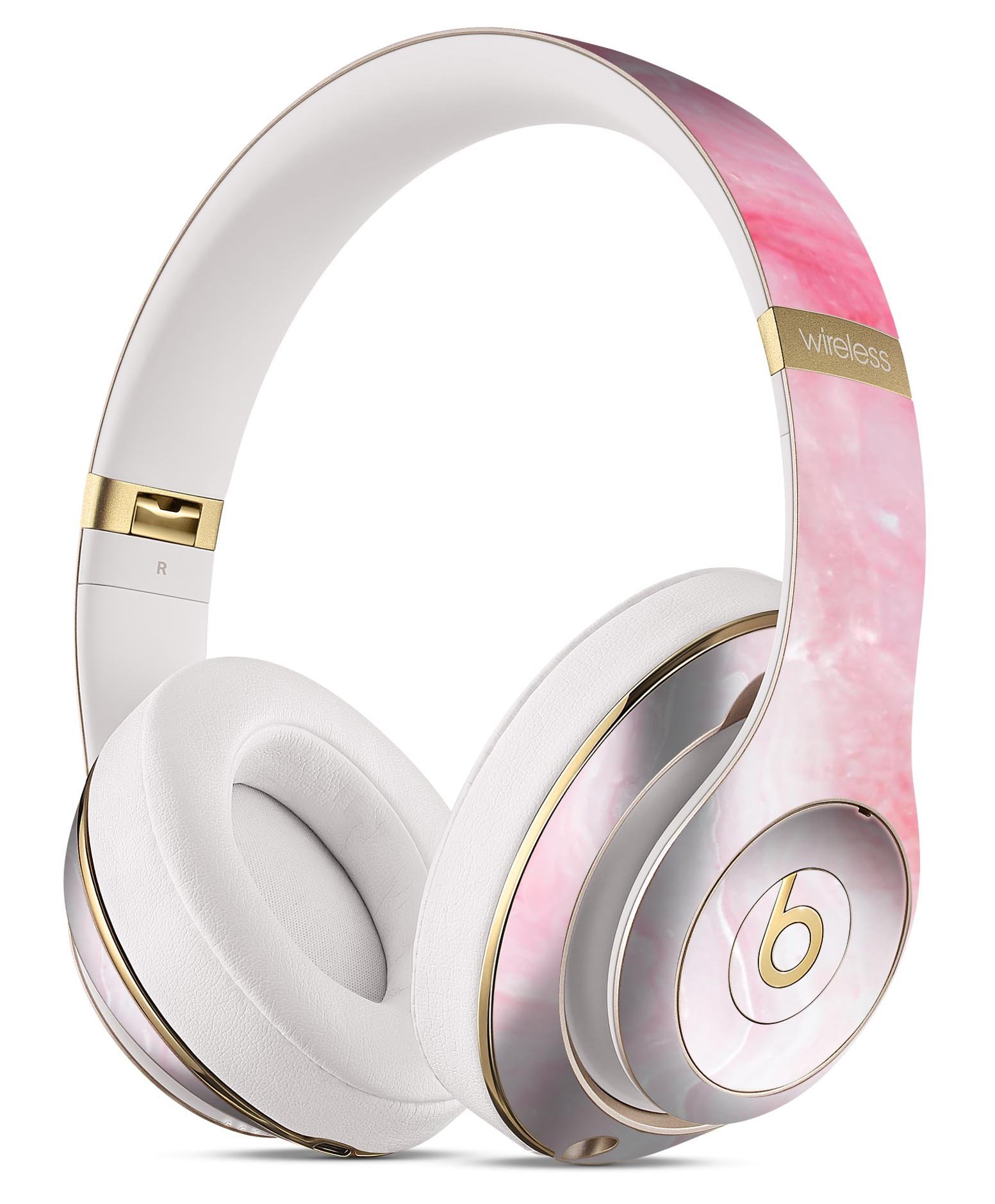 Marbleized Pink Paradise V6 skin decal wrap kit for Beats, showcasing a stylish pink marble design that fits snugly on headphones.