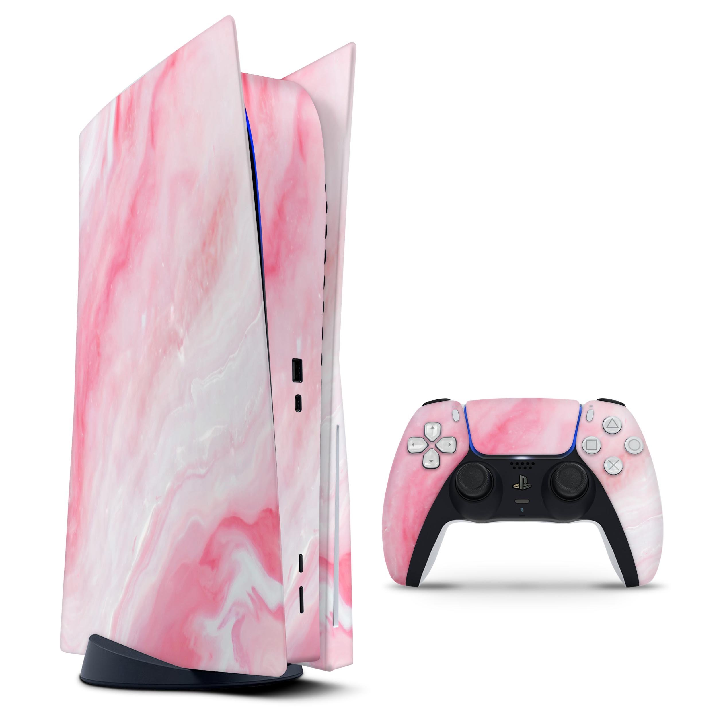 Marbleized Pink Paradise V6 skin decal wrap kit for Sony Playstation 5, showcasing a vibrant pink marble design that fits snugly on the console.