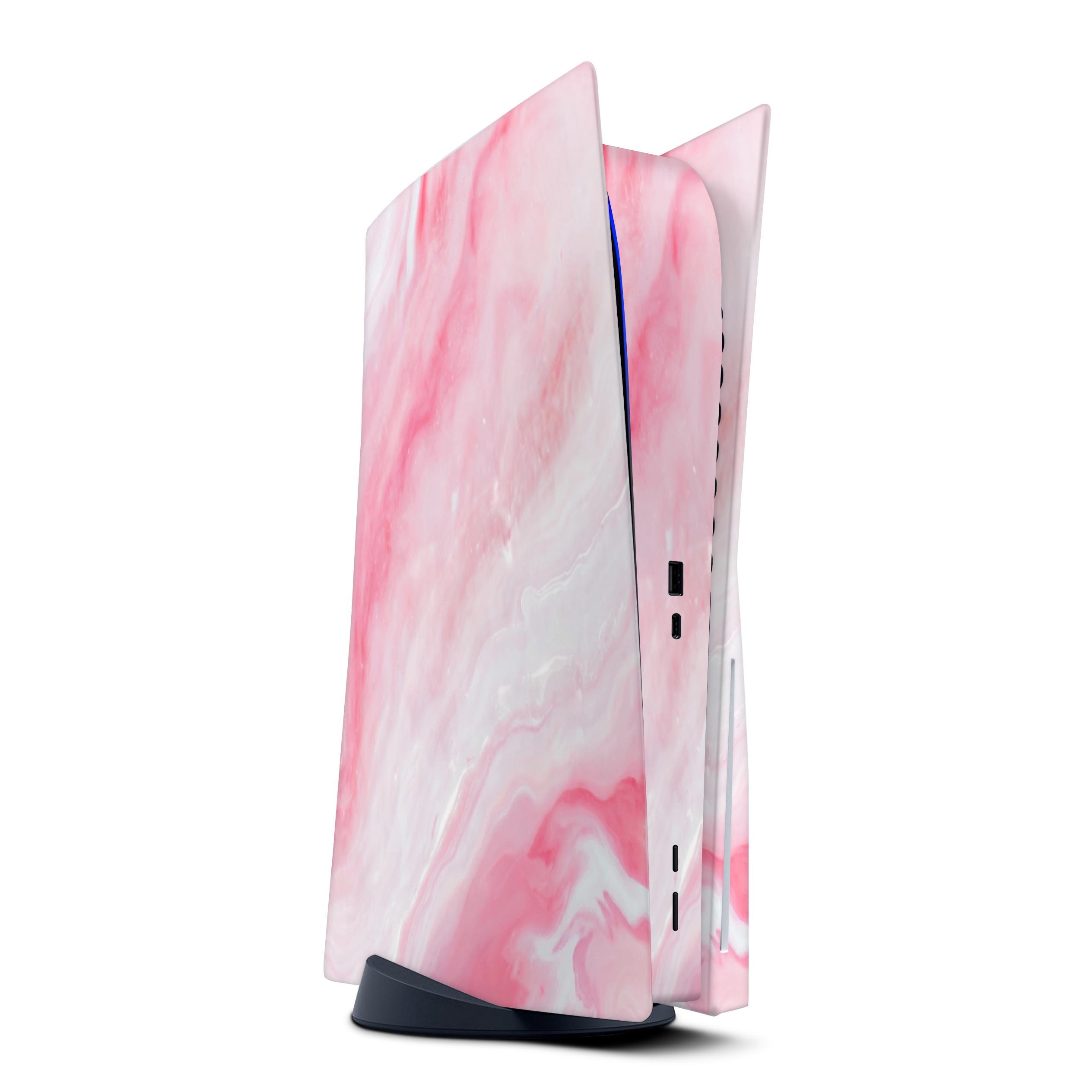 Marbleized Pink Paradise V6 skin decal wrap kit for Sony Playstation 5, showcasing a vibrant pink marble design that fits snugly on the console.