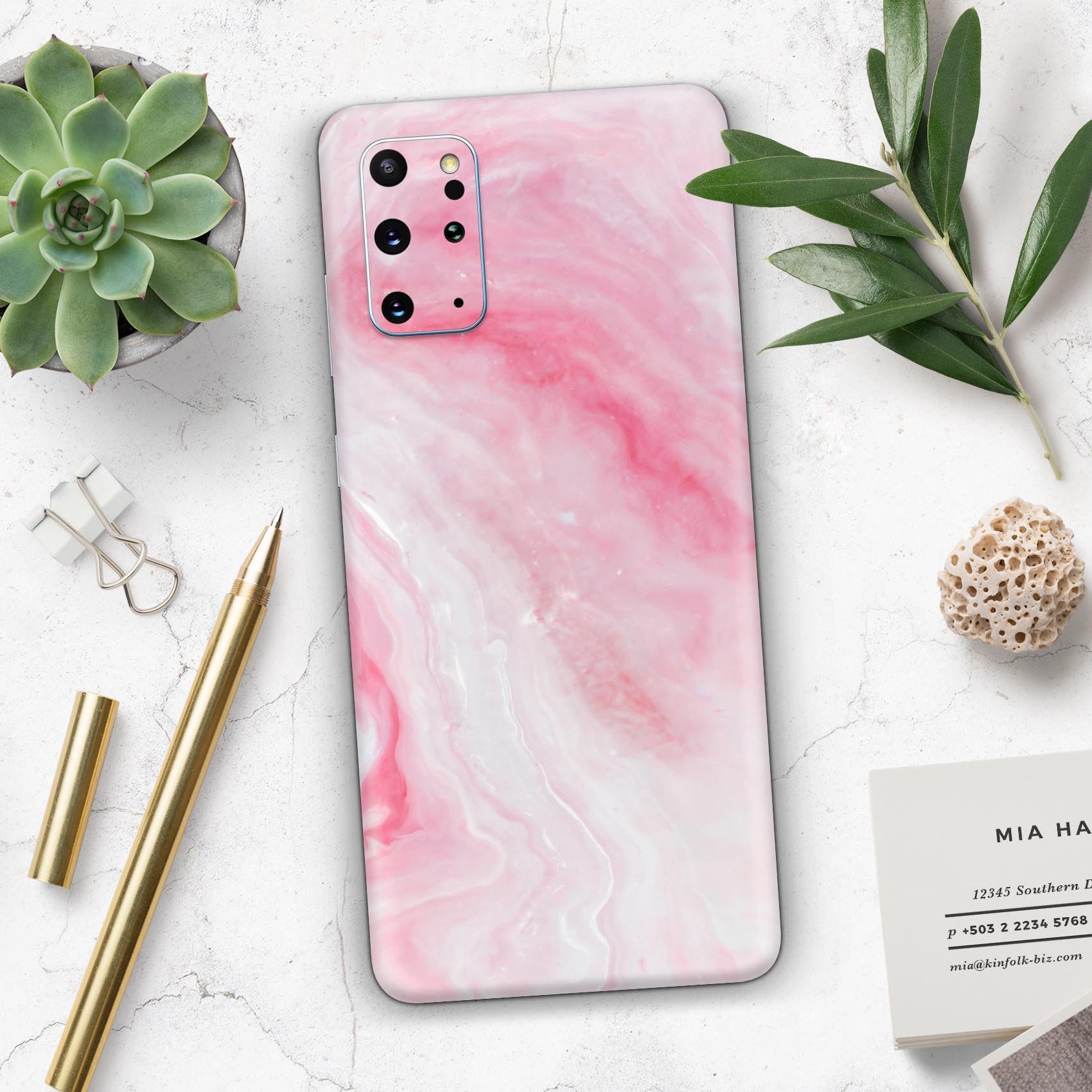 Marbleized Pink Paradise V6 Skin-Kit for Samsung Galaxy S-Series, showcasing a vibrant pink marble design on a sleek device.