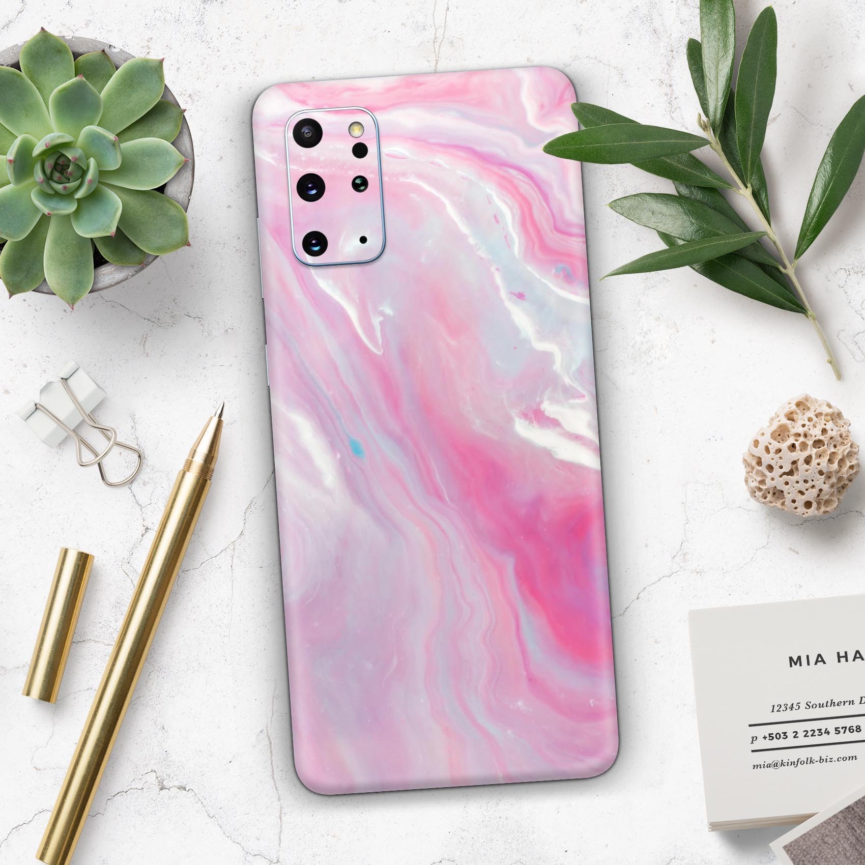Marbleized Pink Paradise V8 Skin-Kit for Samsung Galaxy S-Series, showcasing a vibrant pink marble design on a sleek device.