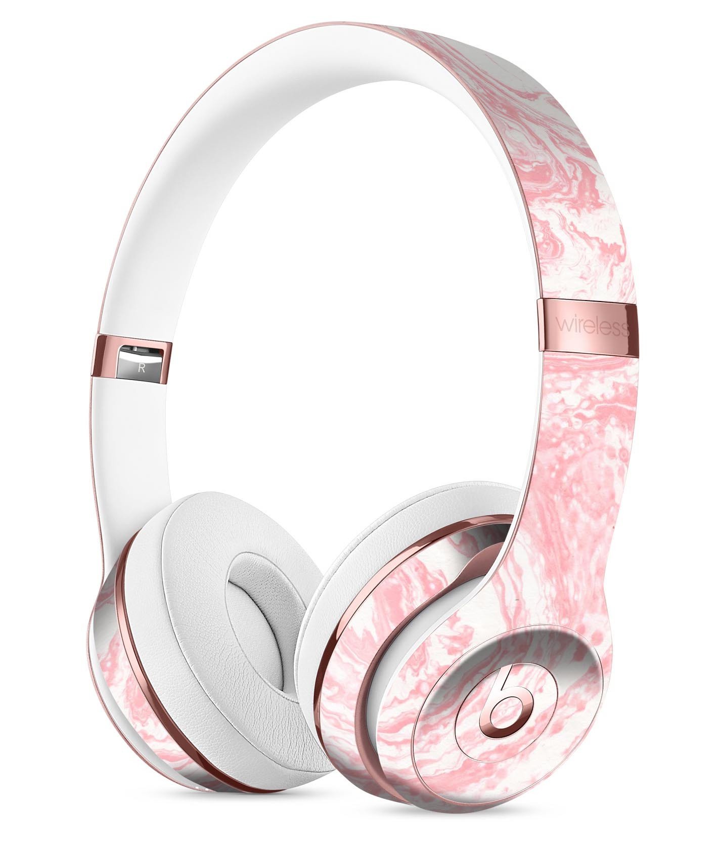 Marbleized Pink Full-Body Skin Kit for Beats by Dre Solo 3, showcasing vibrant colors and precise cutouts for a perfect fit.