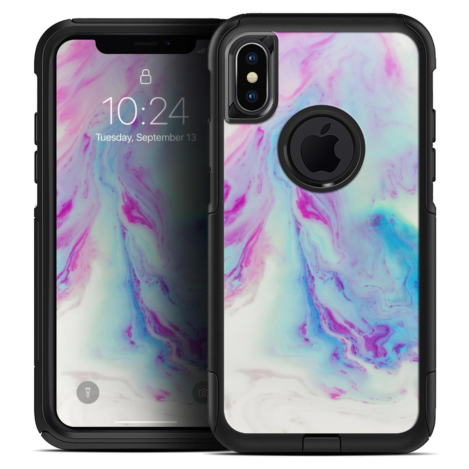 Marbleized Soft Blue V32 Skin Kit for iPhone OtterBox Cases, showcasing a stylish blue marble design on a protective skin.