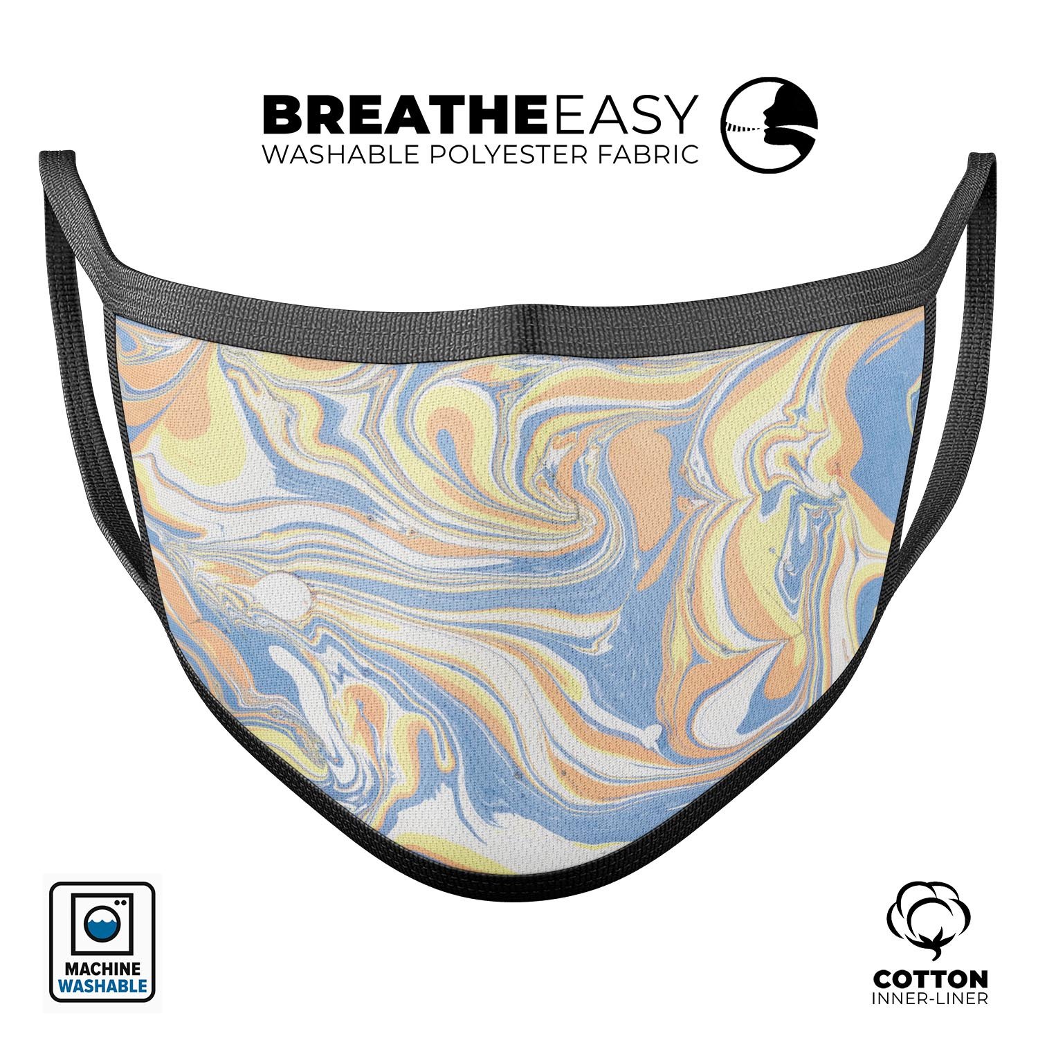 Marbleized Swirling Blue and Gold unisex mouth cover, showcasing vibrant colors and adjustable ear loops for a comfortable fit.