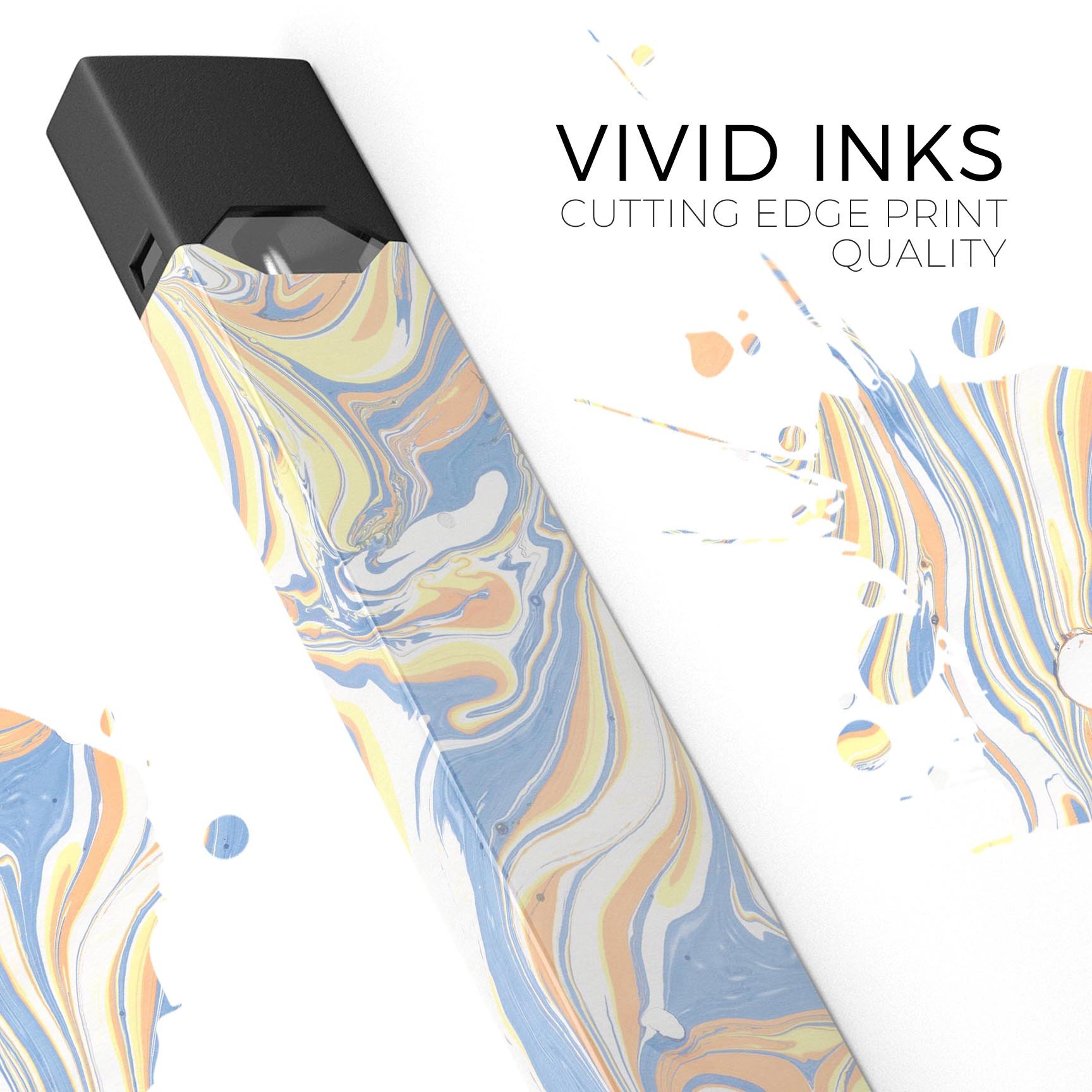 Marbleized Swirling Blue and Gold skin-wrap for JUUL vaping device, showcasing a stylish design with protective features.